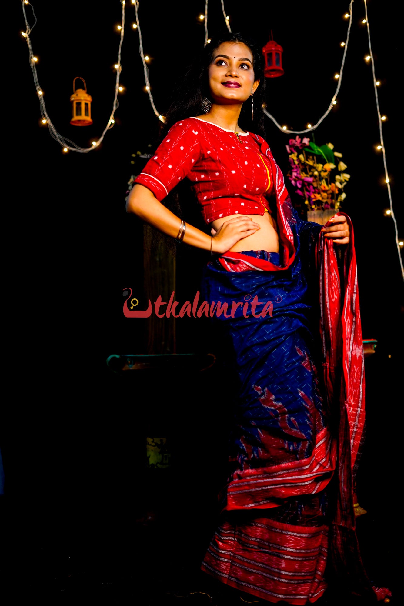 Blue Red Daali Scot Khandua Cotton Saree