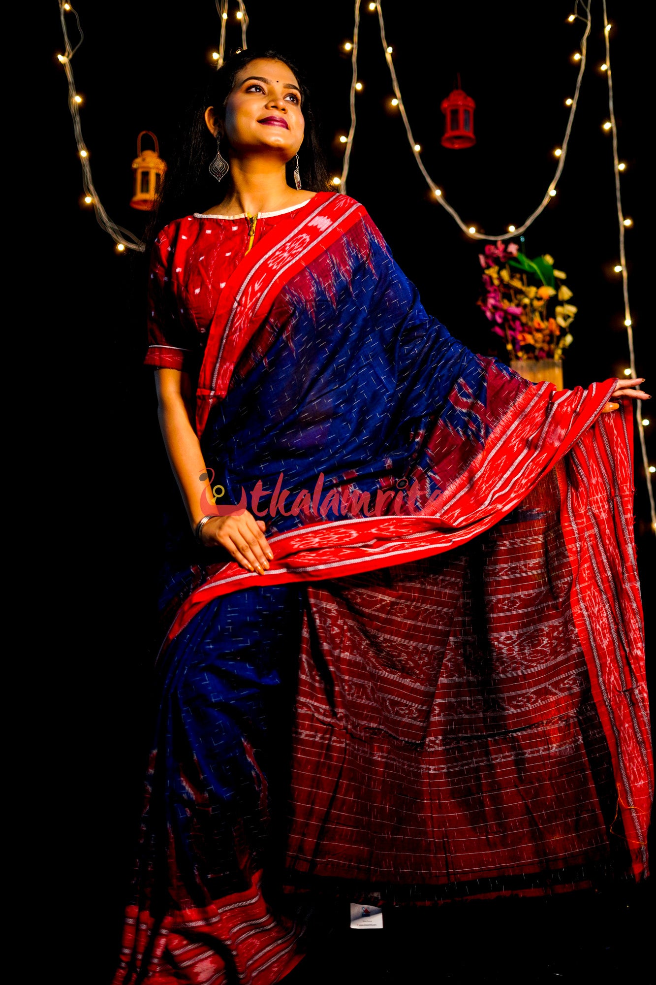 Blue Red Daali Scot Khandua Cotton Saree
