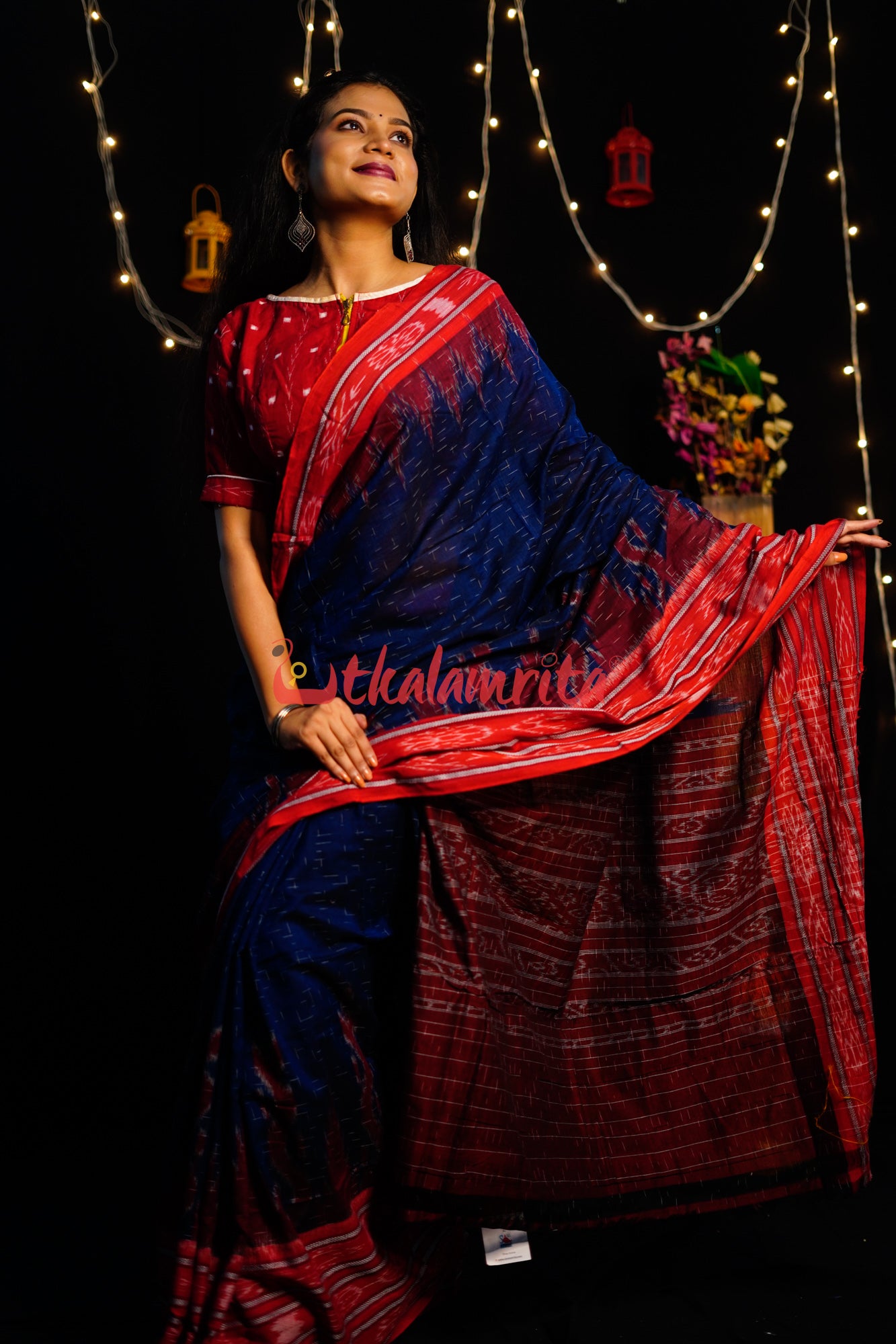 Blue Red Daali Scot Khandua Cotton Saree