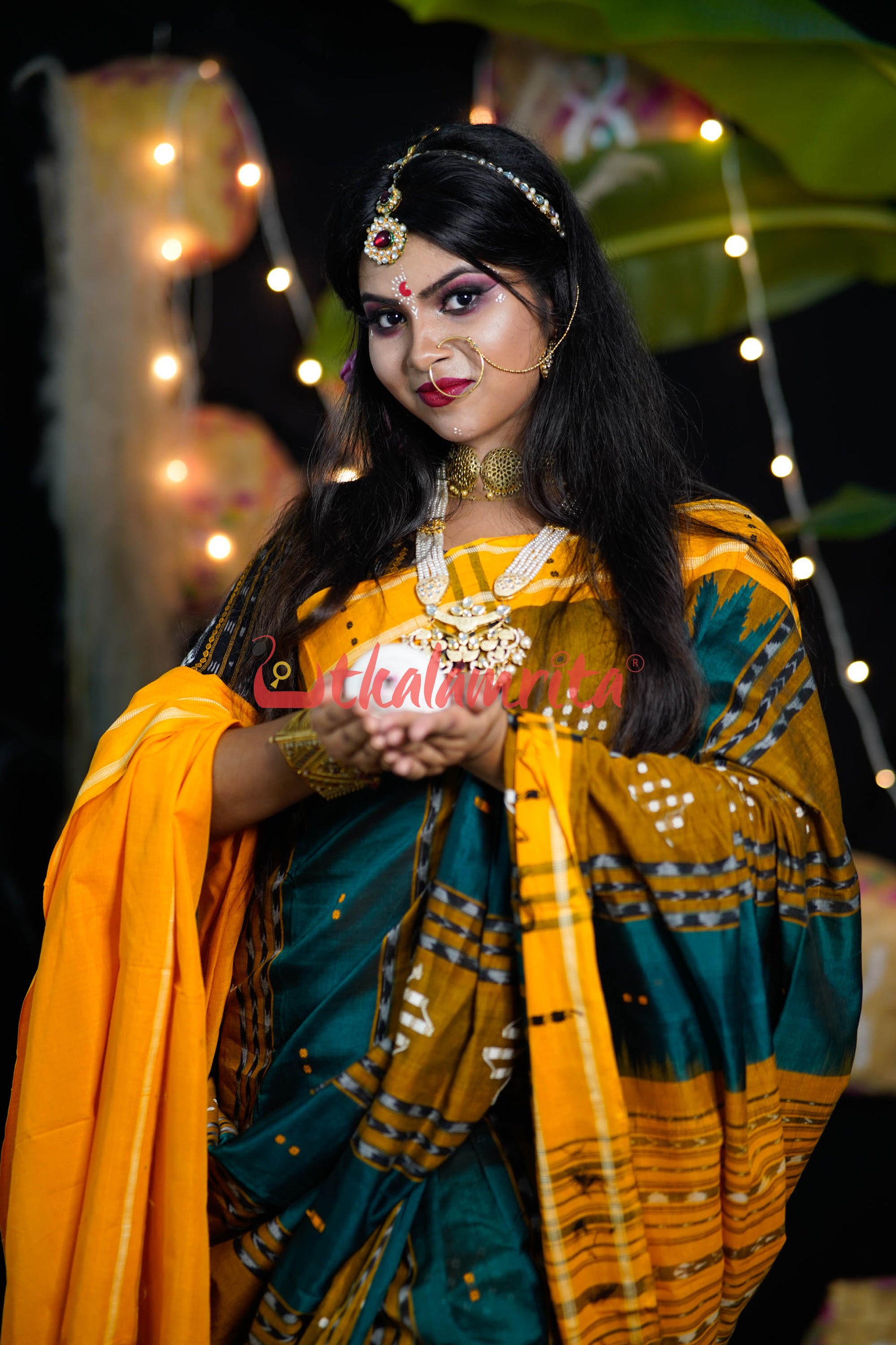Bottle Green Yellow Taj Mahal Bapta Saree
