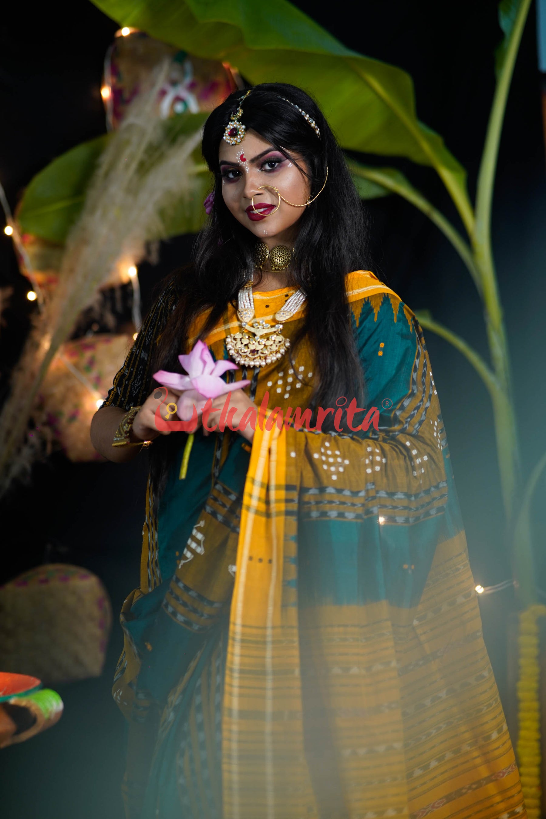 Bottle Green Yellow Taj Mahal Bapta Saree