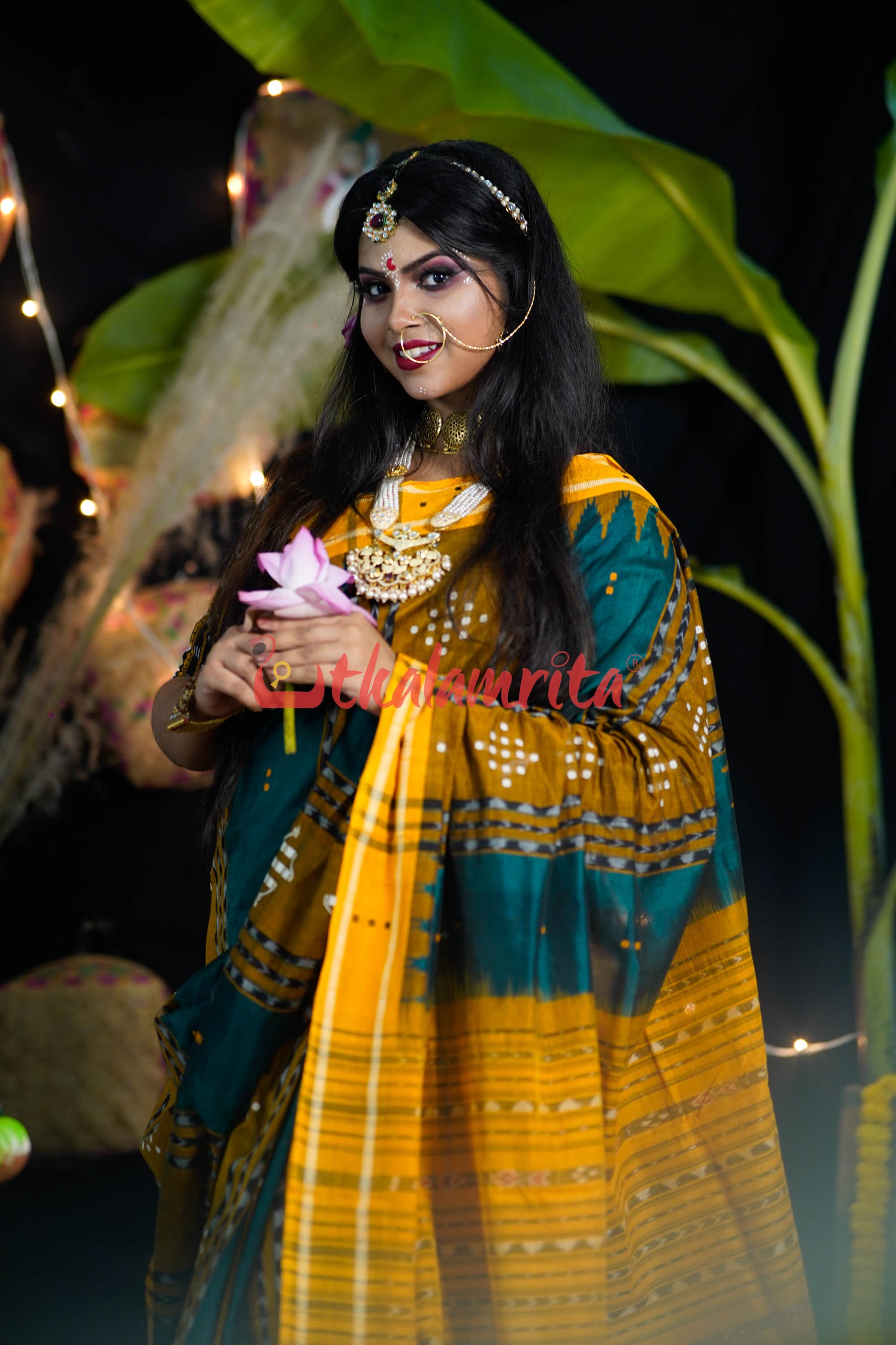 Bottle Green Yellow Taj Mahal Bapta Saree
