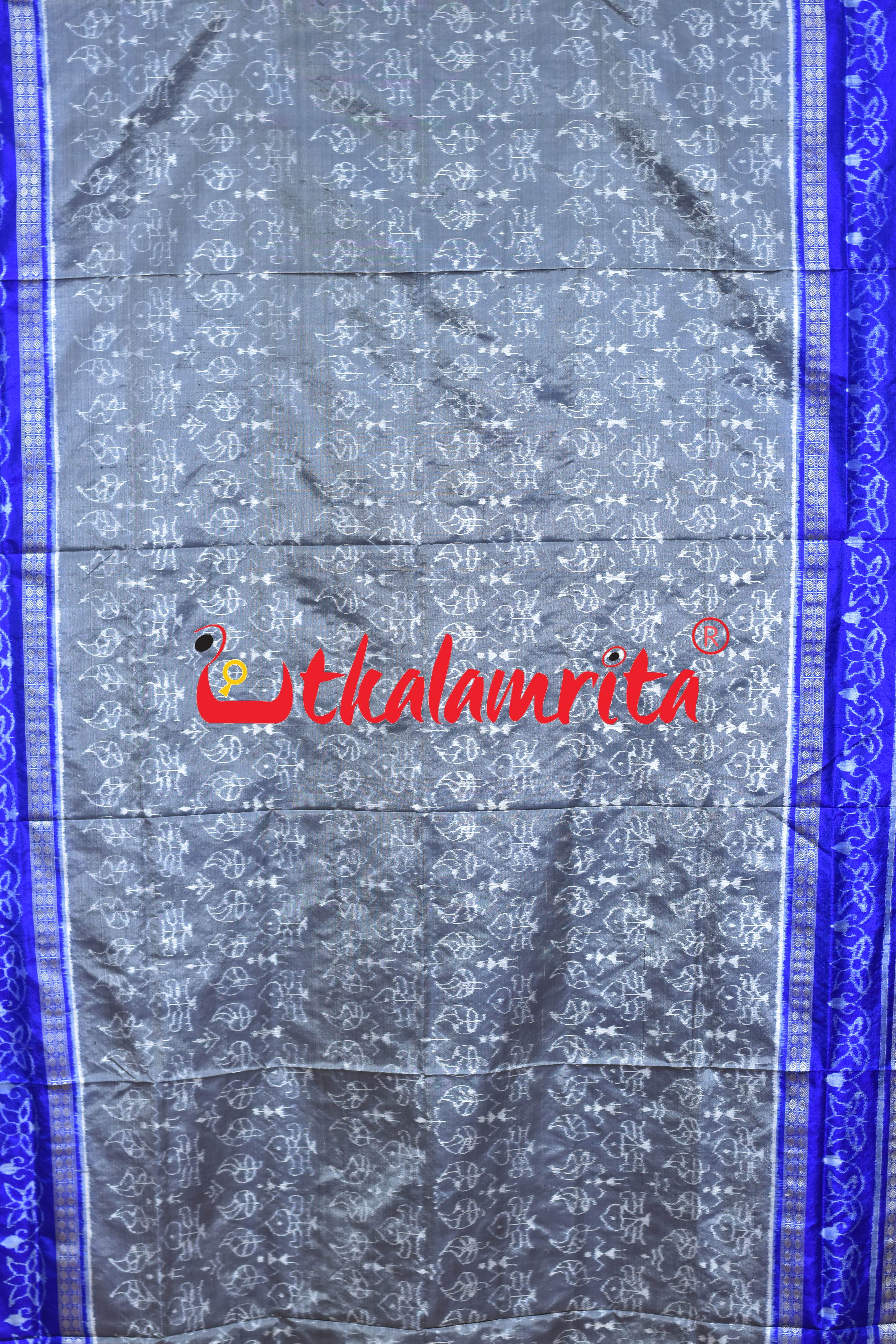 Grey Blue Leaf Lotus Sambalpuri Silk Saree