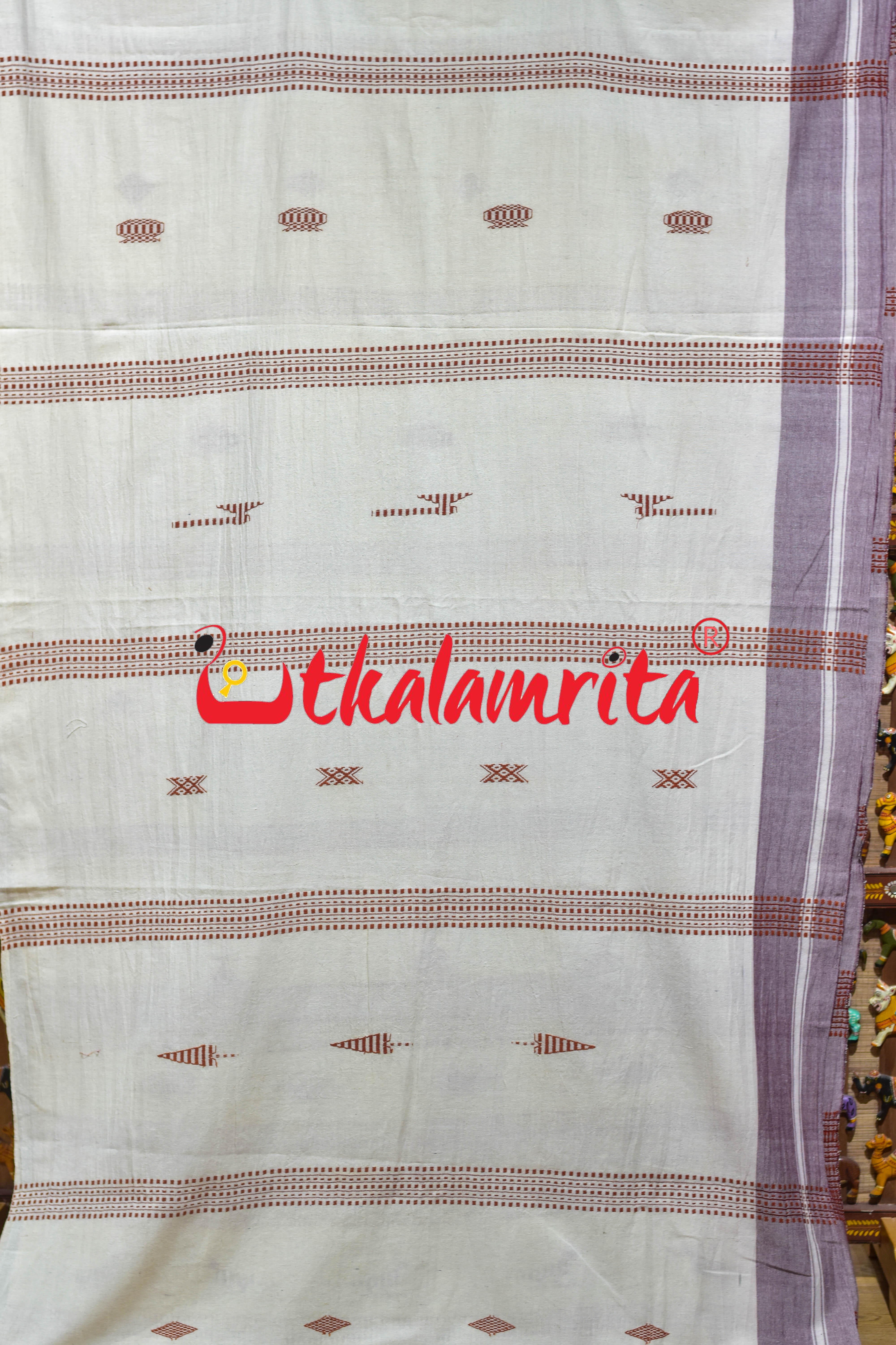 Off White Rust Adibasi Kotpad Cotton Saree