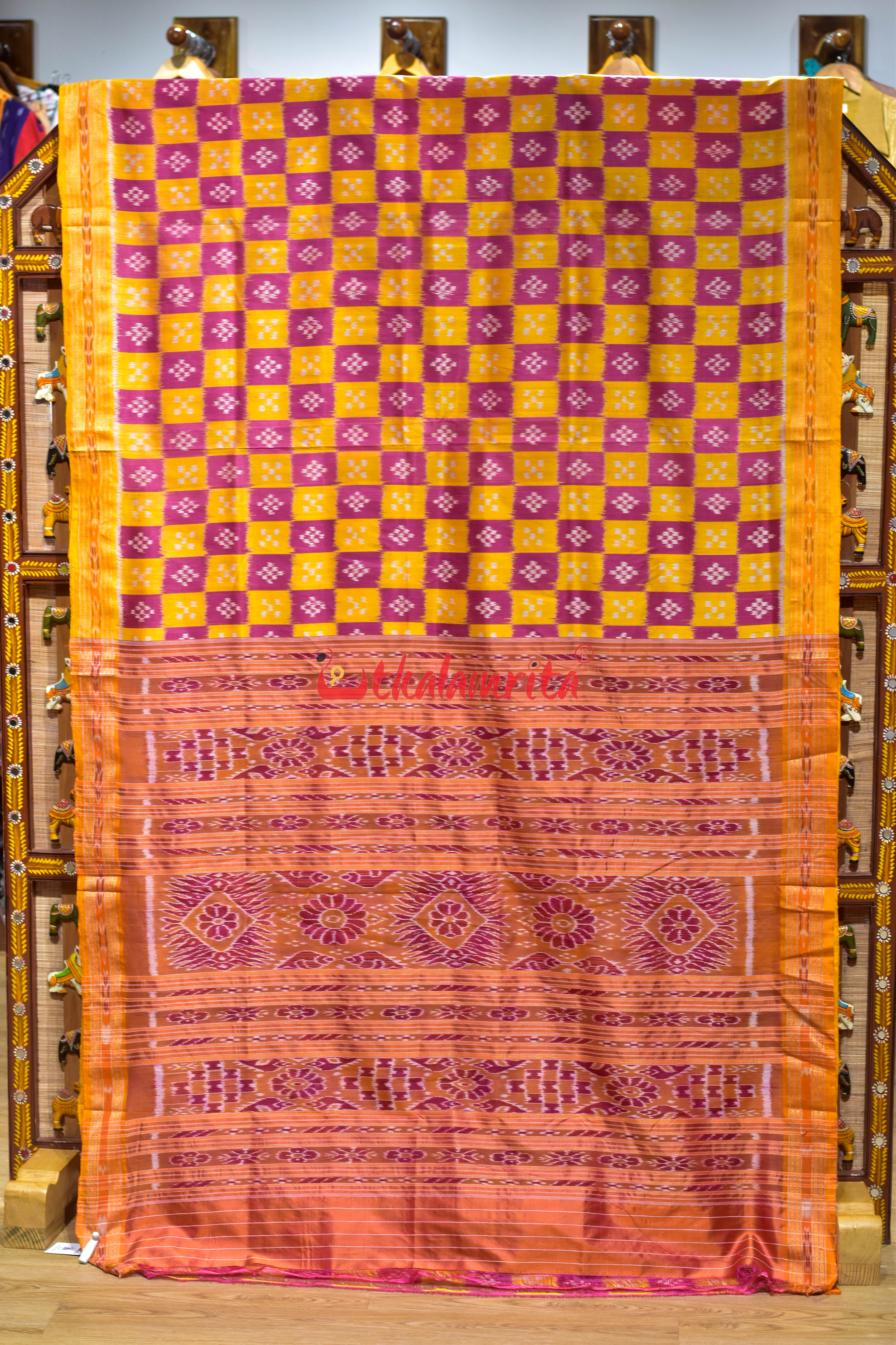 Pink Yellow Body Pasapali Khandua Silk Saree