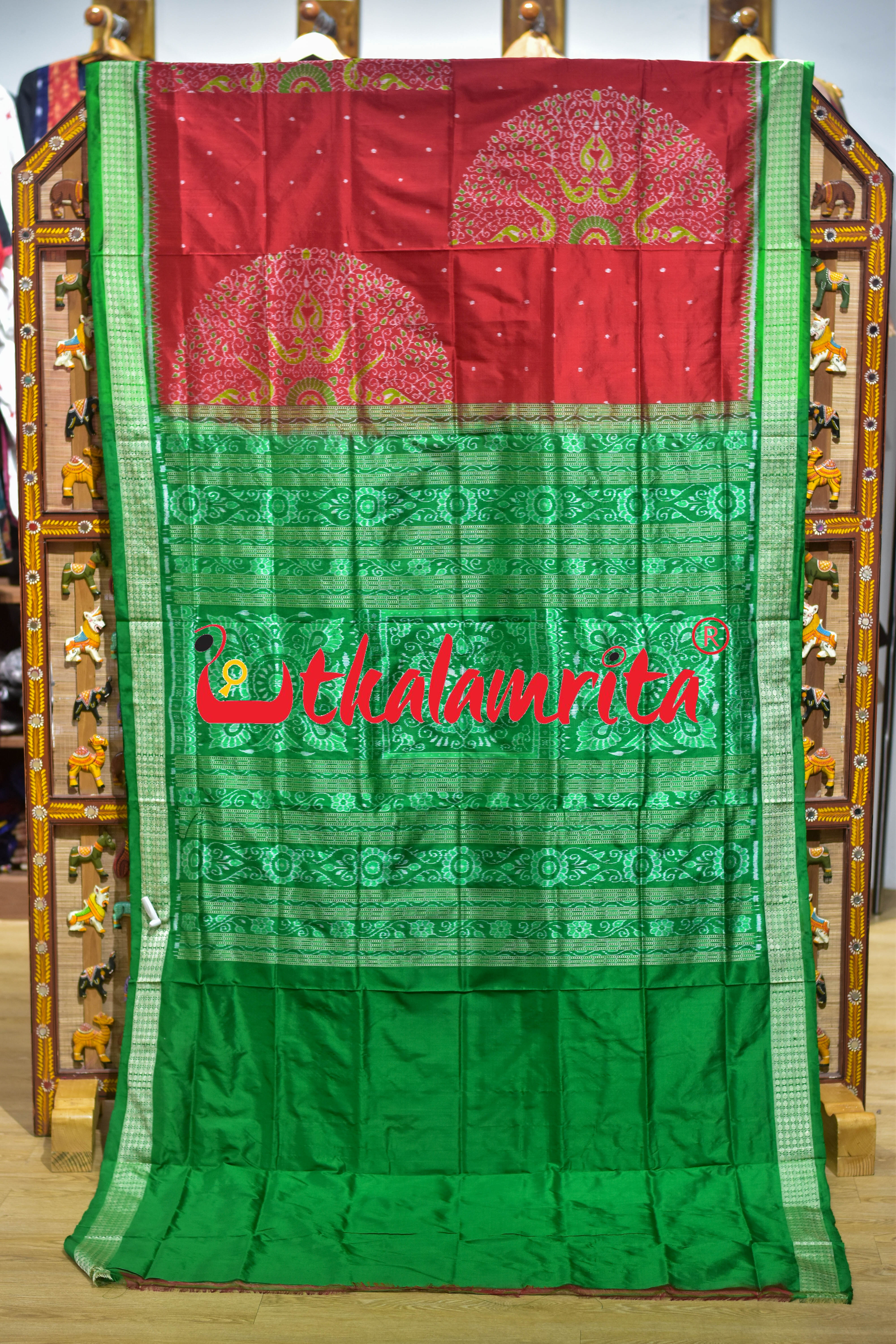 Red Green Phula Bandha Sambalpuri Silk Saree
