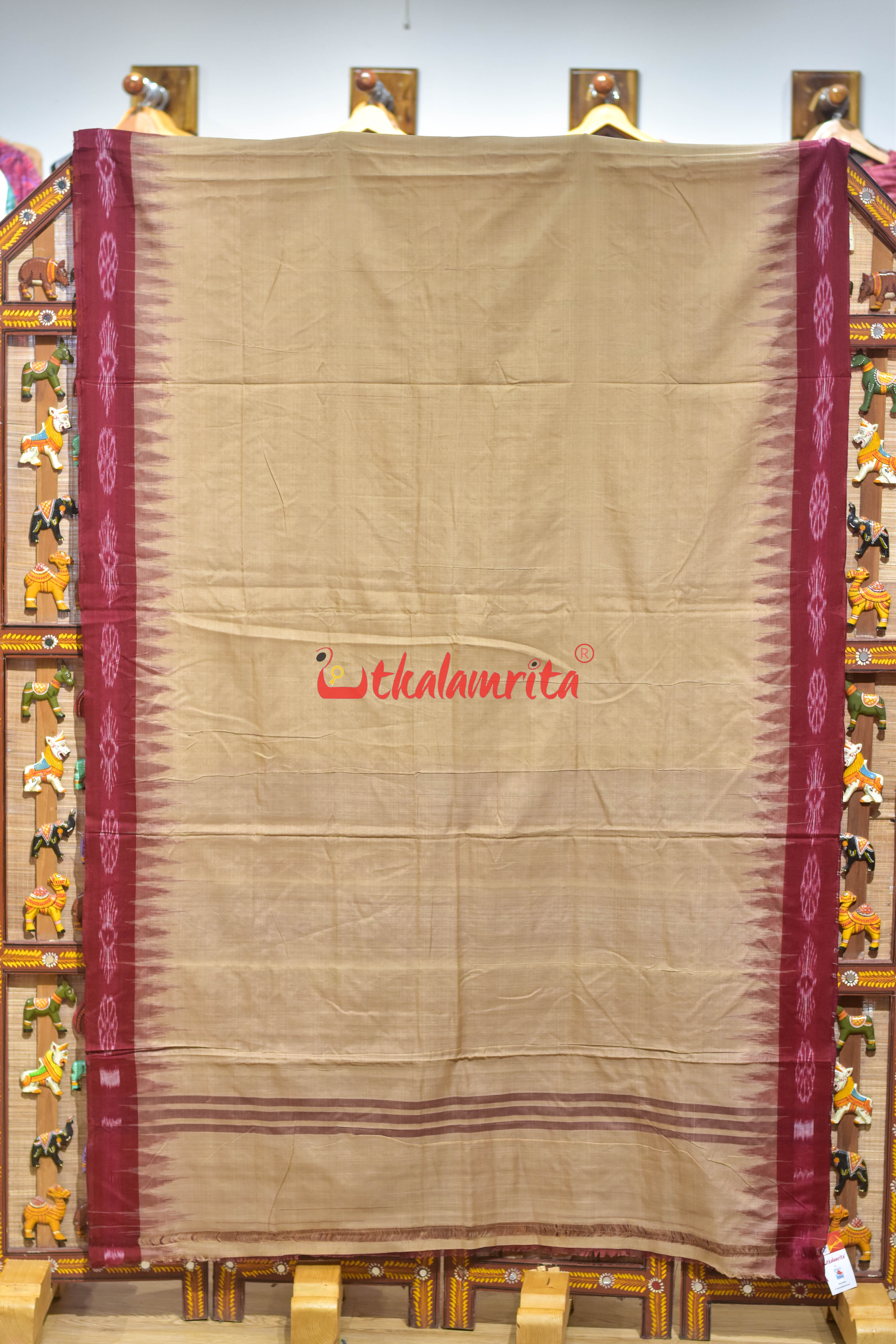 Tussarite with Maroon Big Flower Border Khandua Cotton Saree