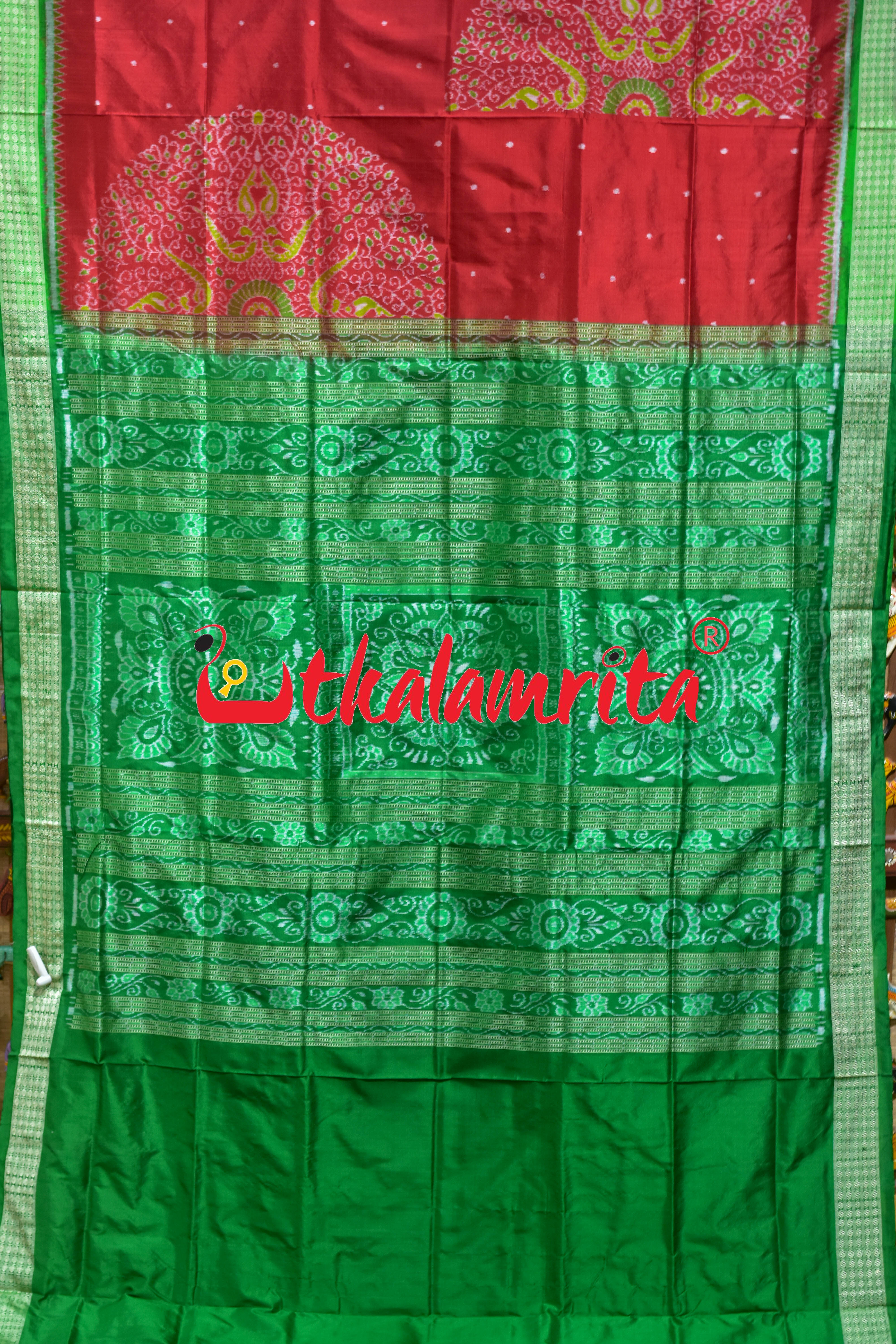 Red Green Phula Bandha Sambalpuri Silk Saree