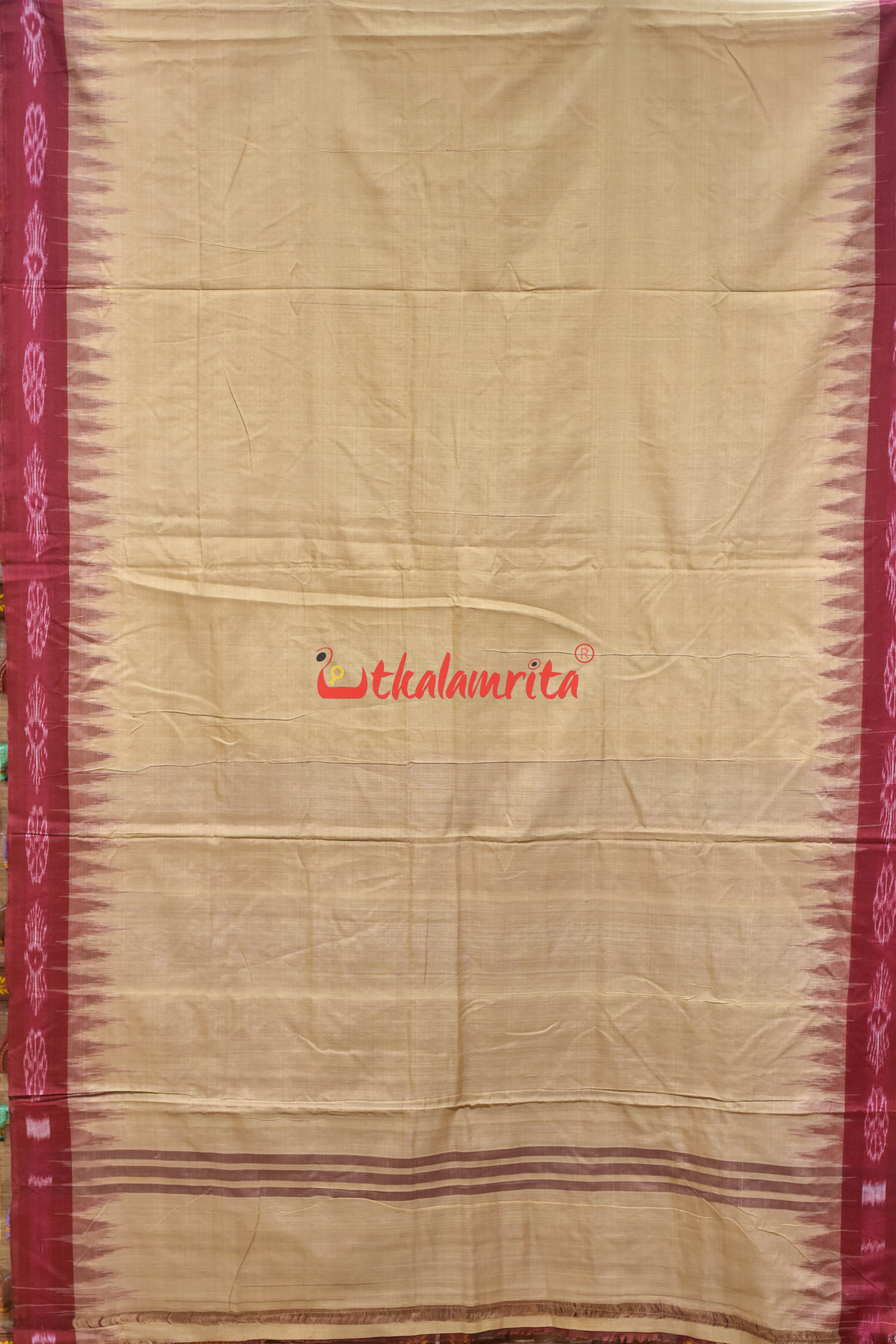 Tussarite with Maroon Big Flower Border Khandua Cotton Saree