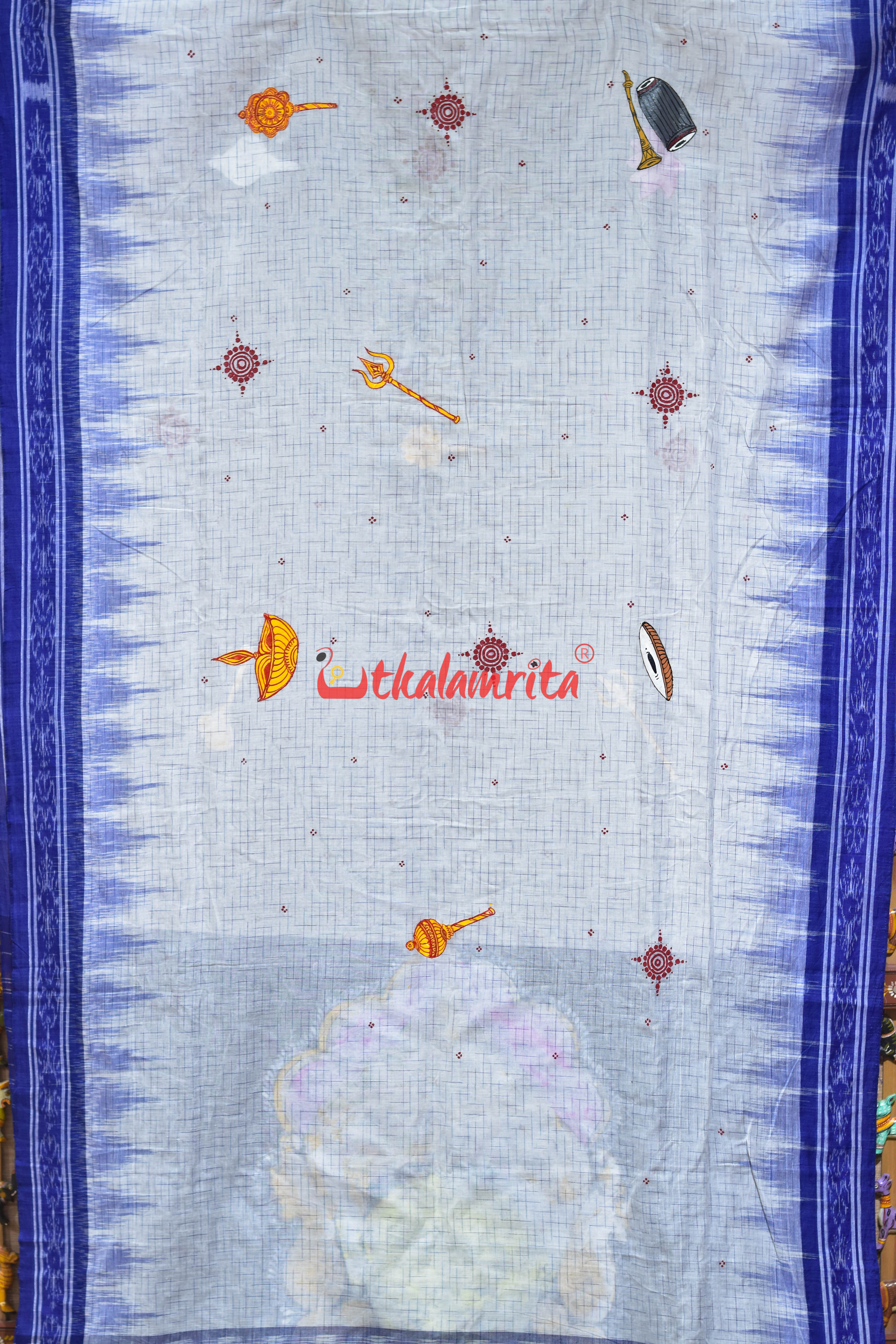 White Blue Jharana Durga Face Pattachitra Cotton Saree