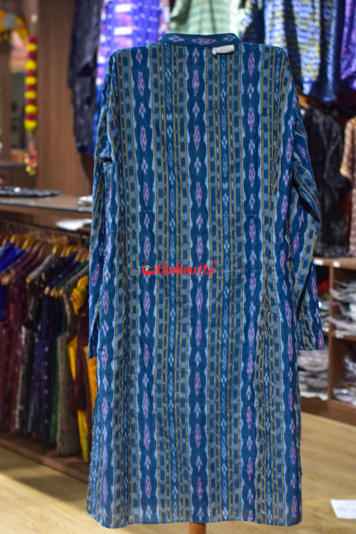 Teal Blue Red Flower Ikat (Men's Long Kurta)