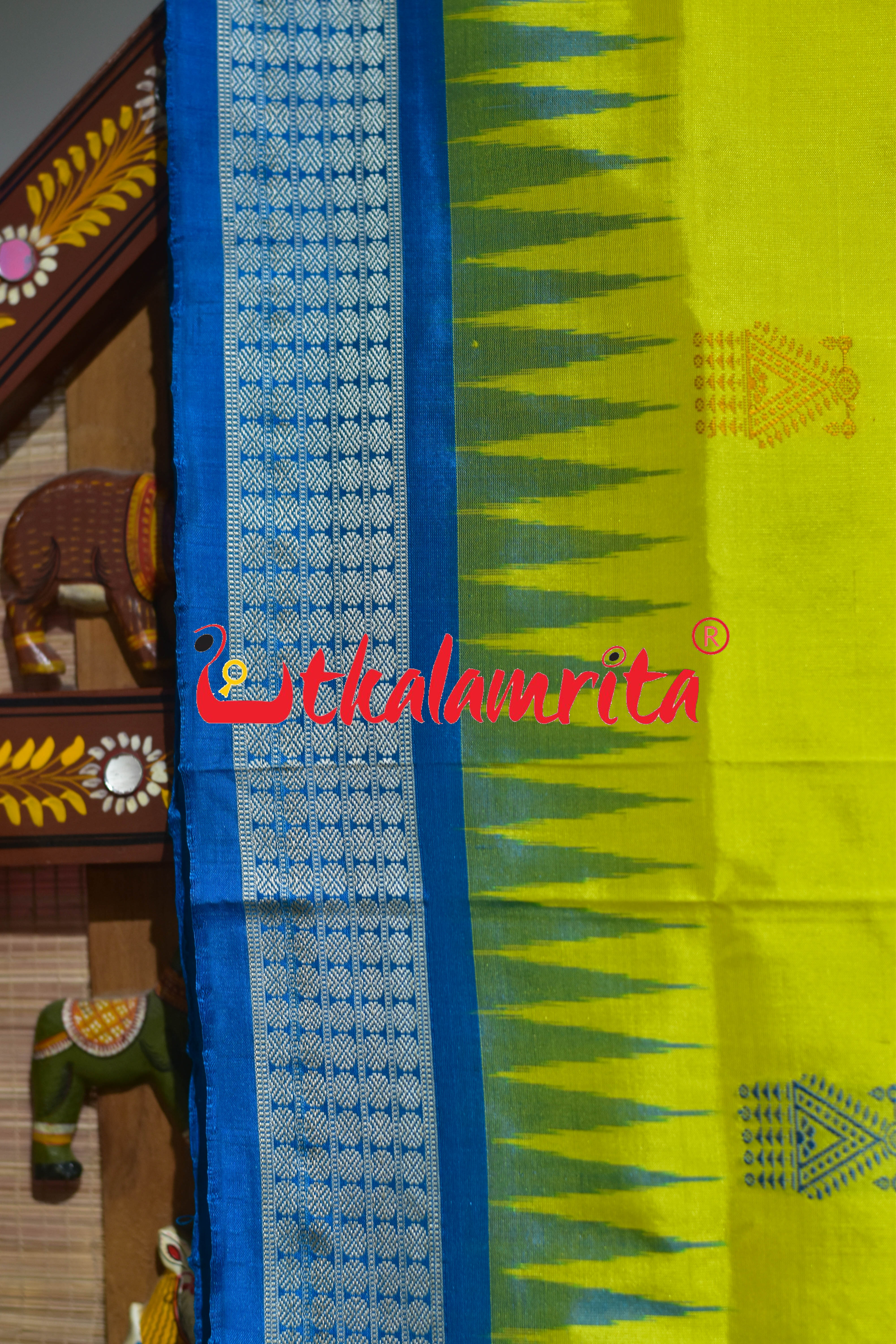 Lemon Yellow Blue Tribal Doll Bomkai Silk Saree