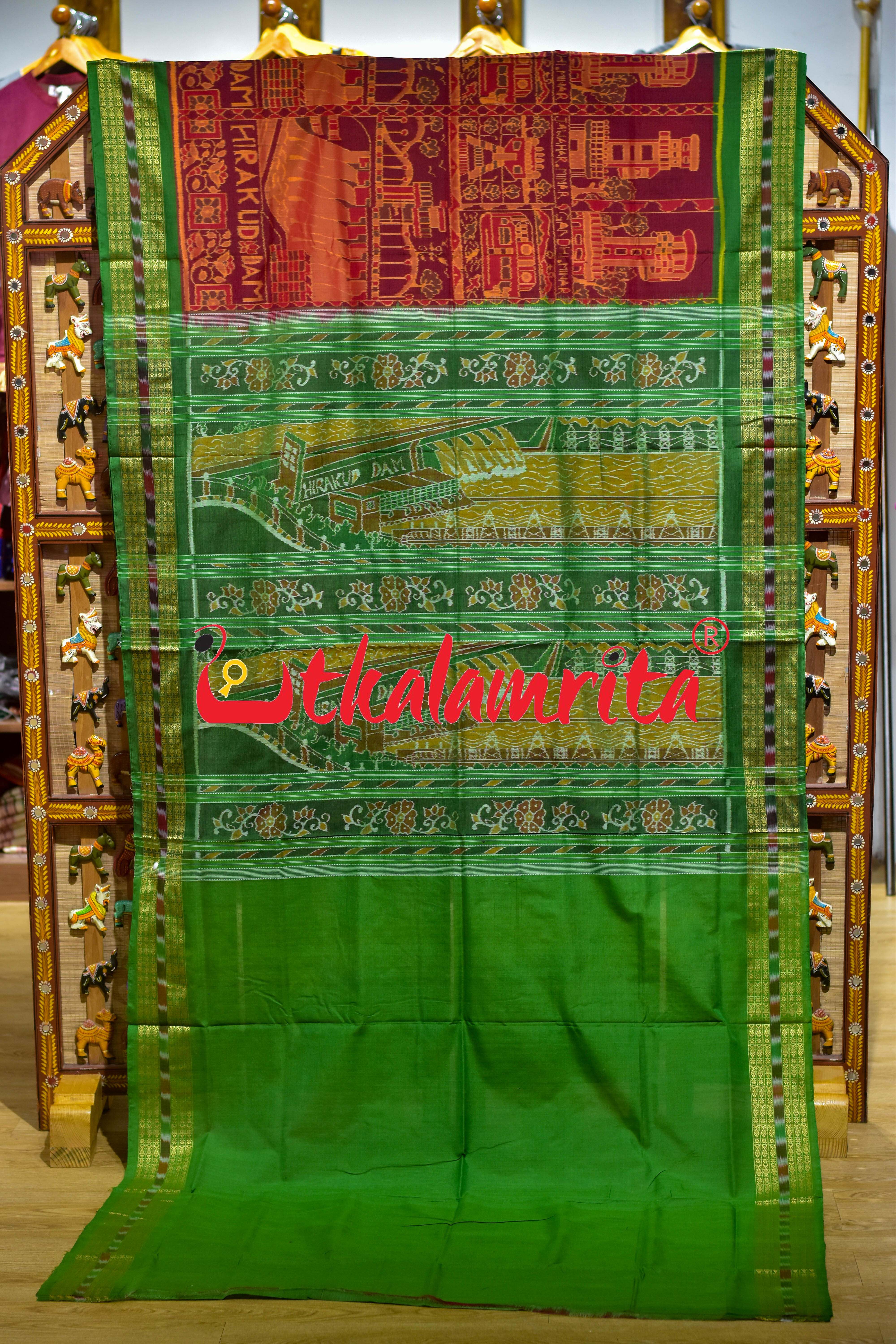 Red Green Hirakud Dam Theme Sambalpuri Cotton Saree