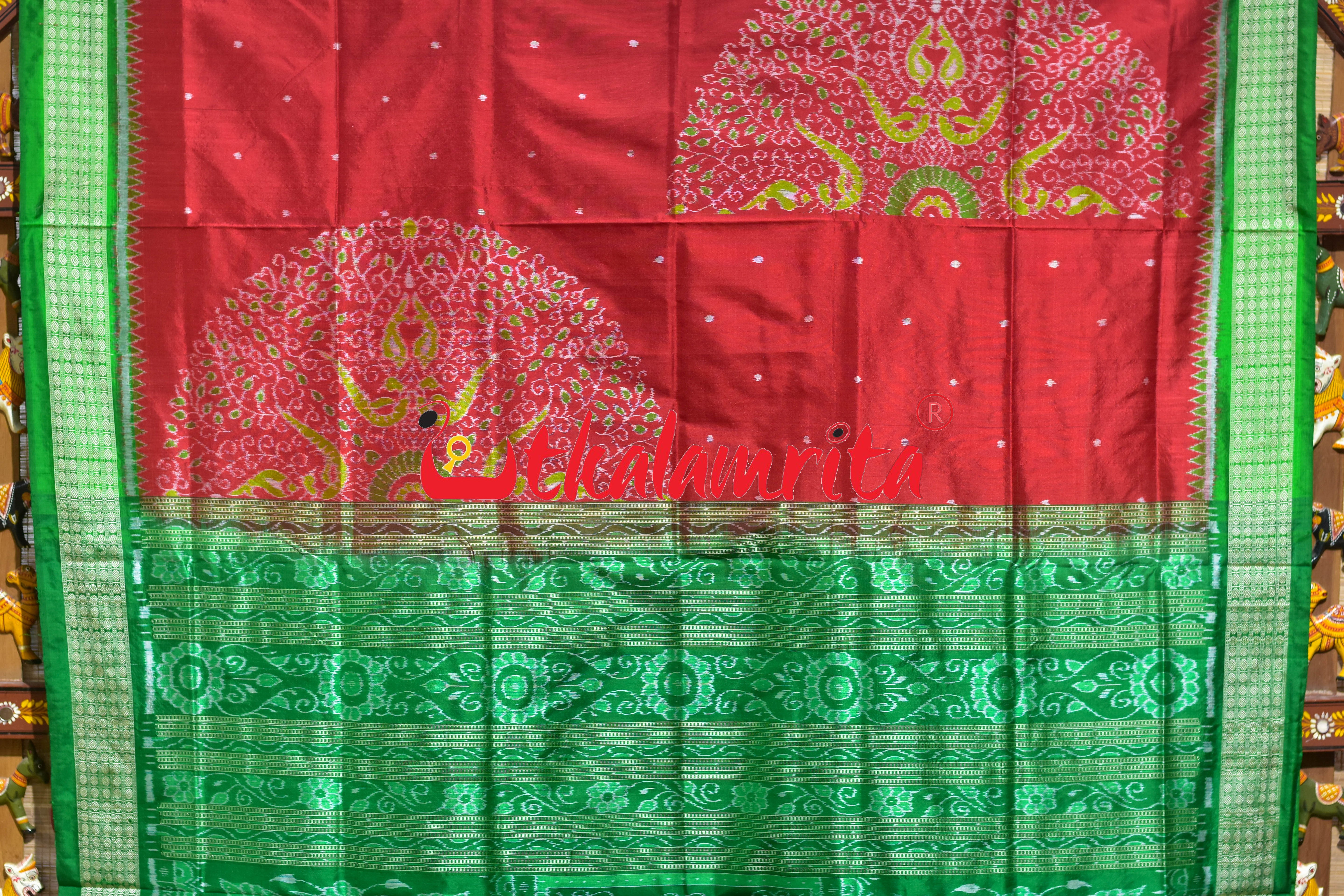 Red Green Phula Bandha Sambalpuri Silk Saree