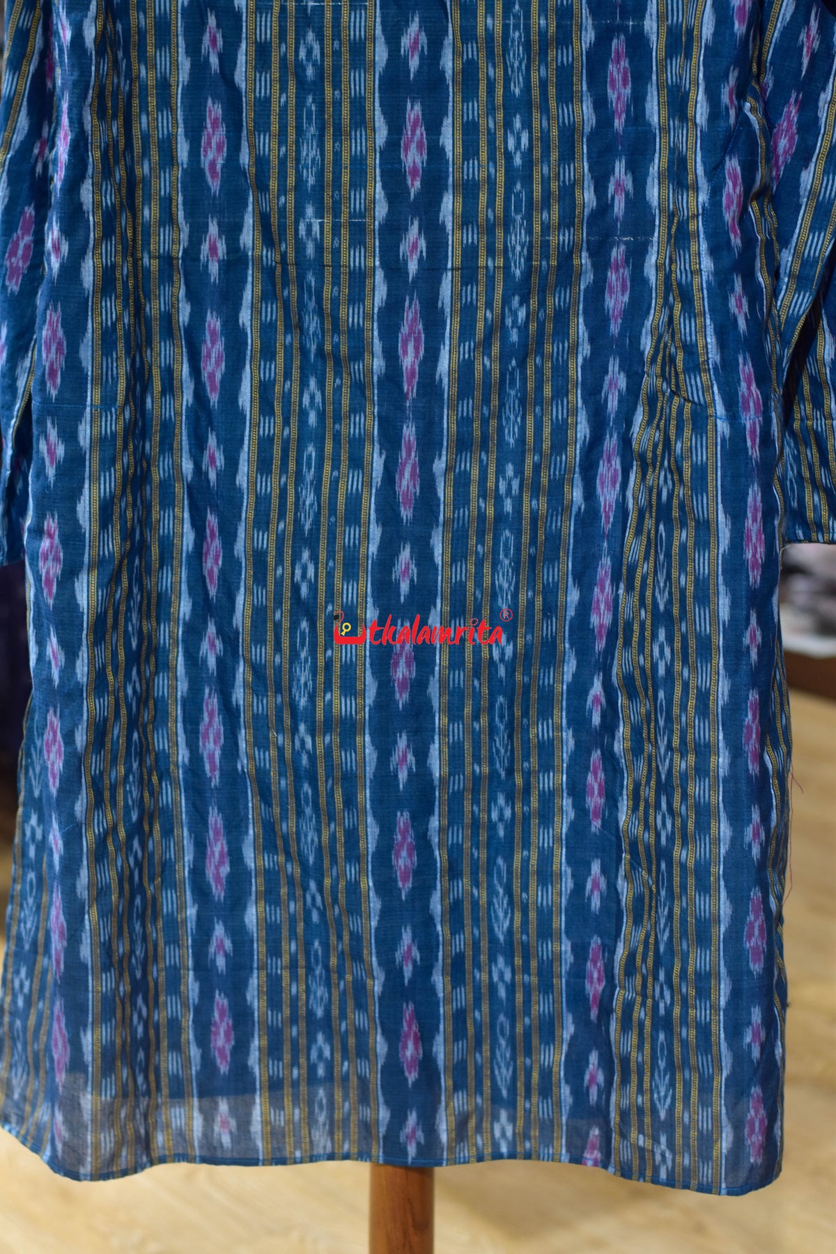 Teal Blue Red Flower Ikat (Men's Long Kurta)