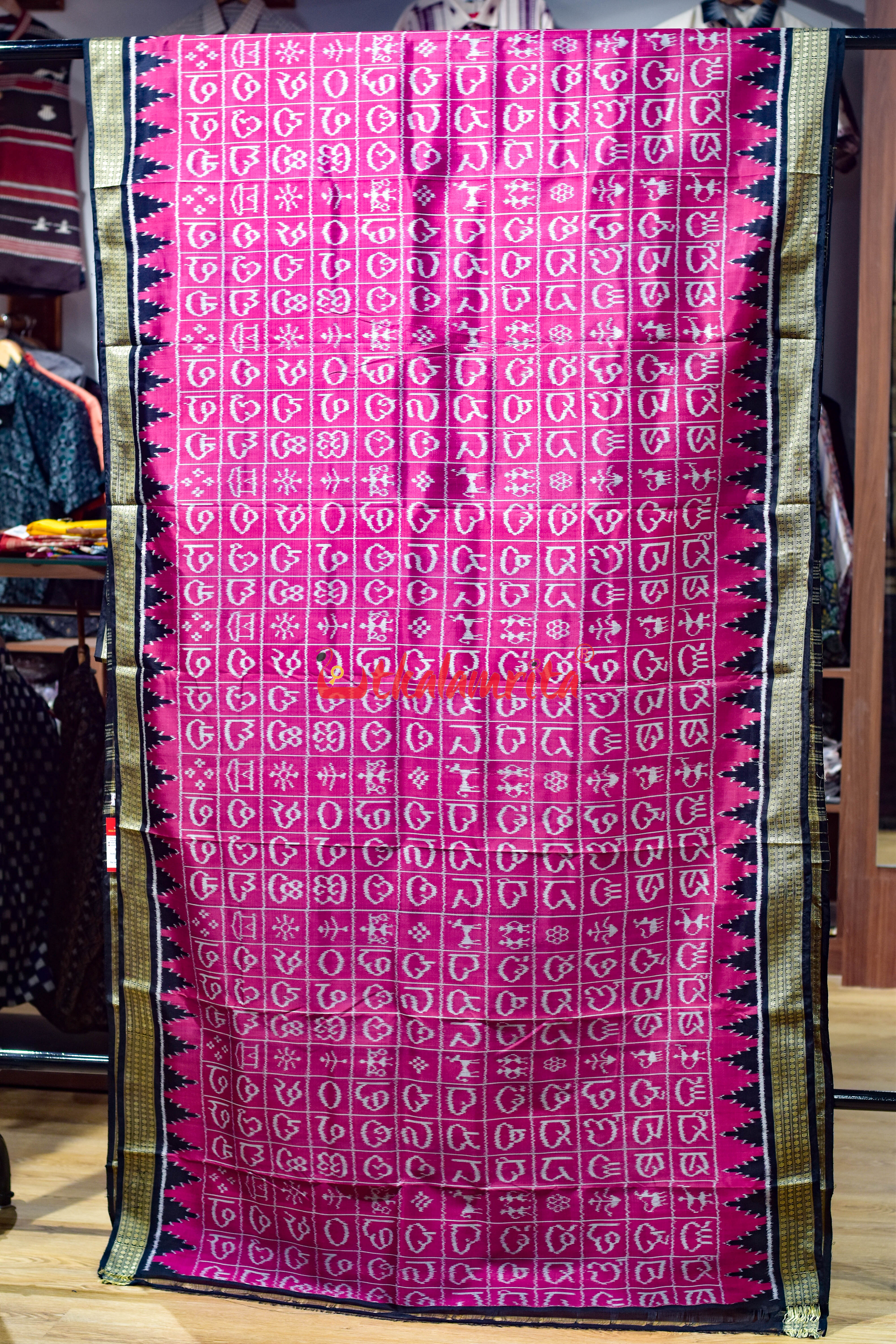 Pink Odia Alphabets Khandua Silk Saree