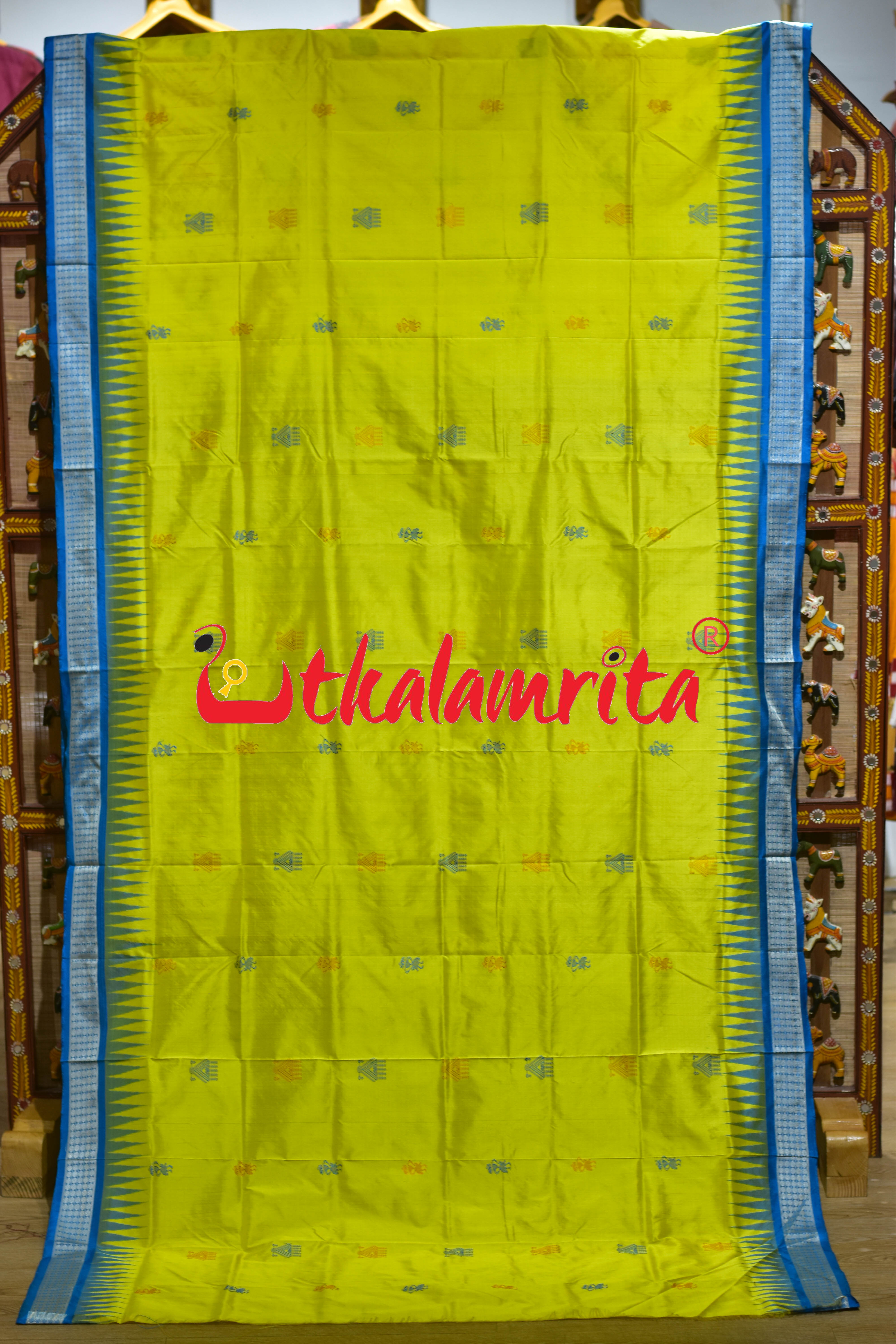 Lemon Yellow Blue Tribal Doll Bomkai Silk Saree