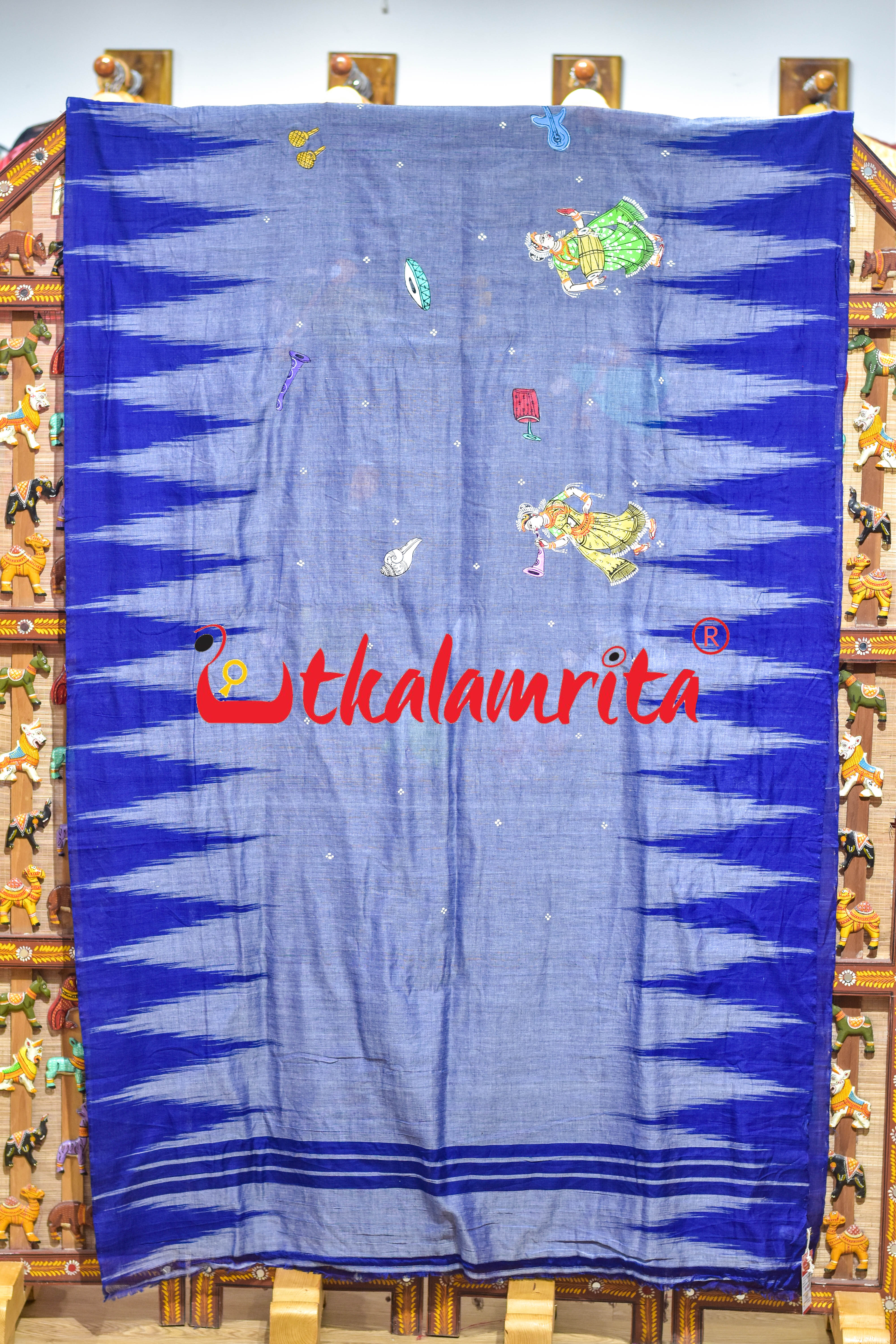 Grey Blue Kargil Musical Instruments Pattachitra Cotton Saree