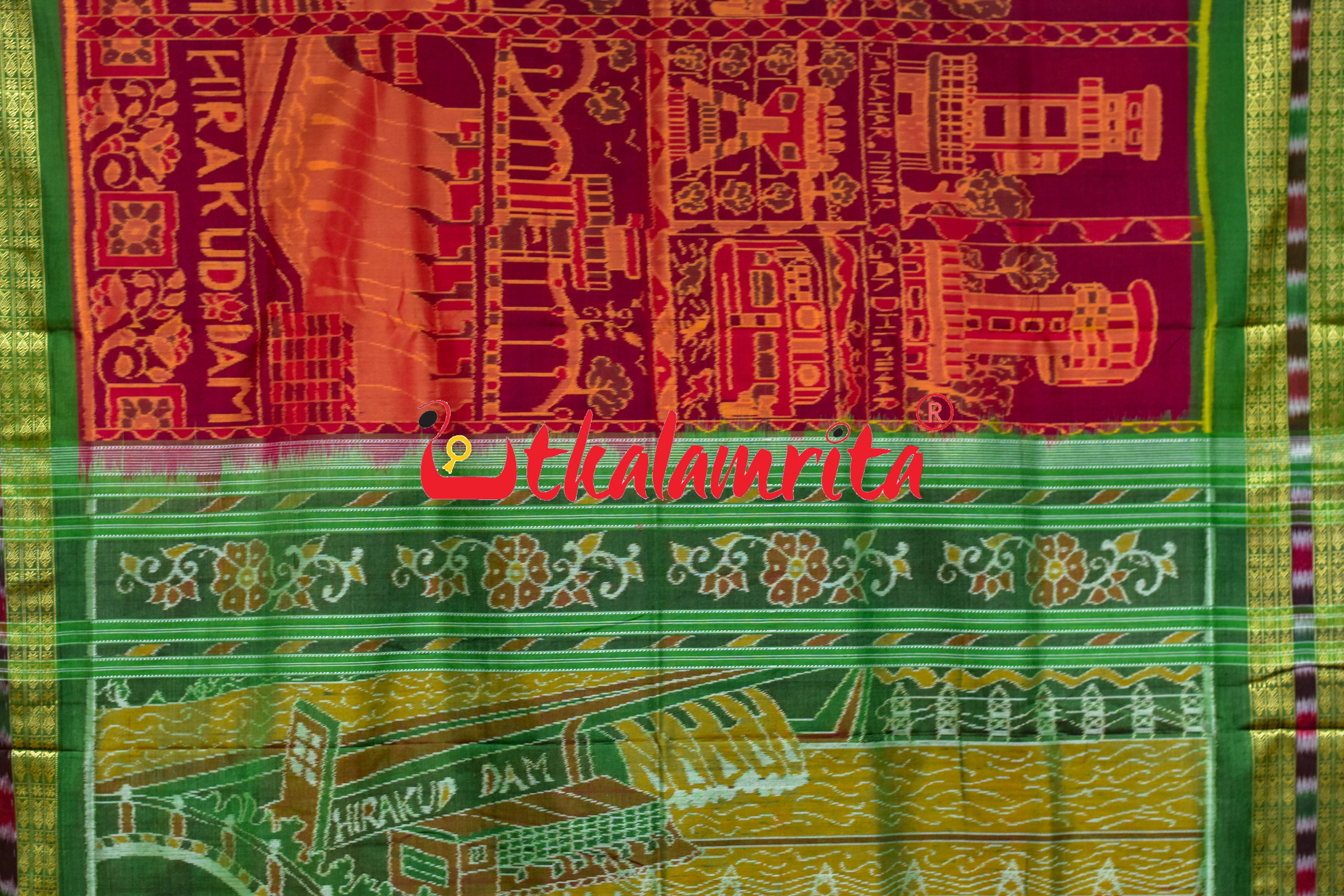Red Green Hirakud Dam Theme Sambalpuri Cotton Saree