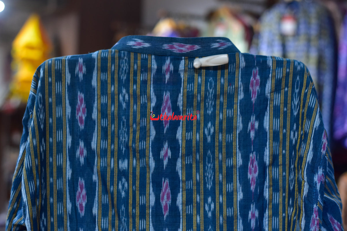 Teal Blue Red Flower Ikat (Men's Long Kurta)