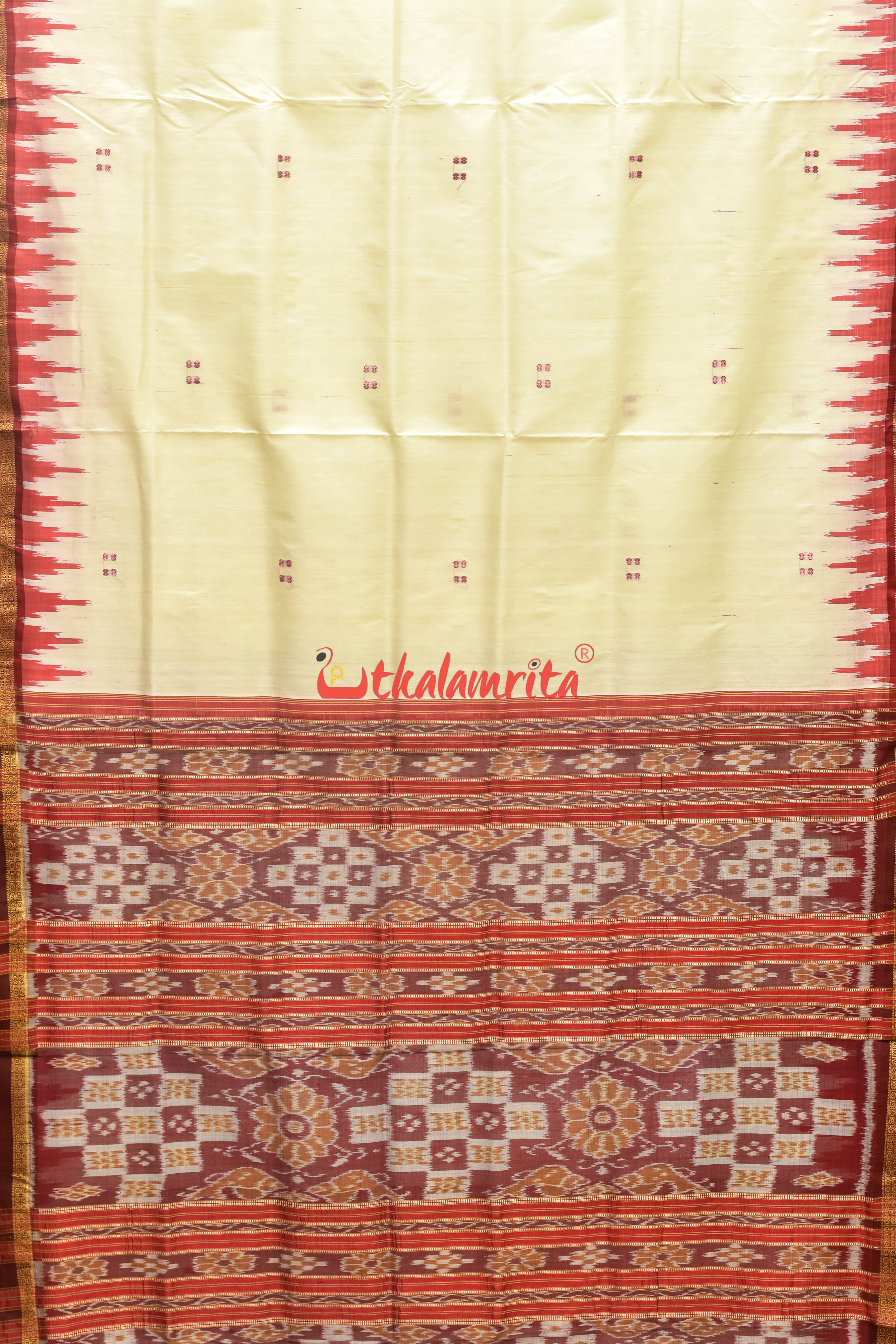 White Maroon Pasapali Border Khandua Silk Saree