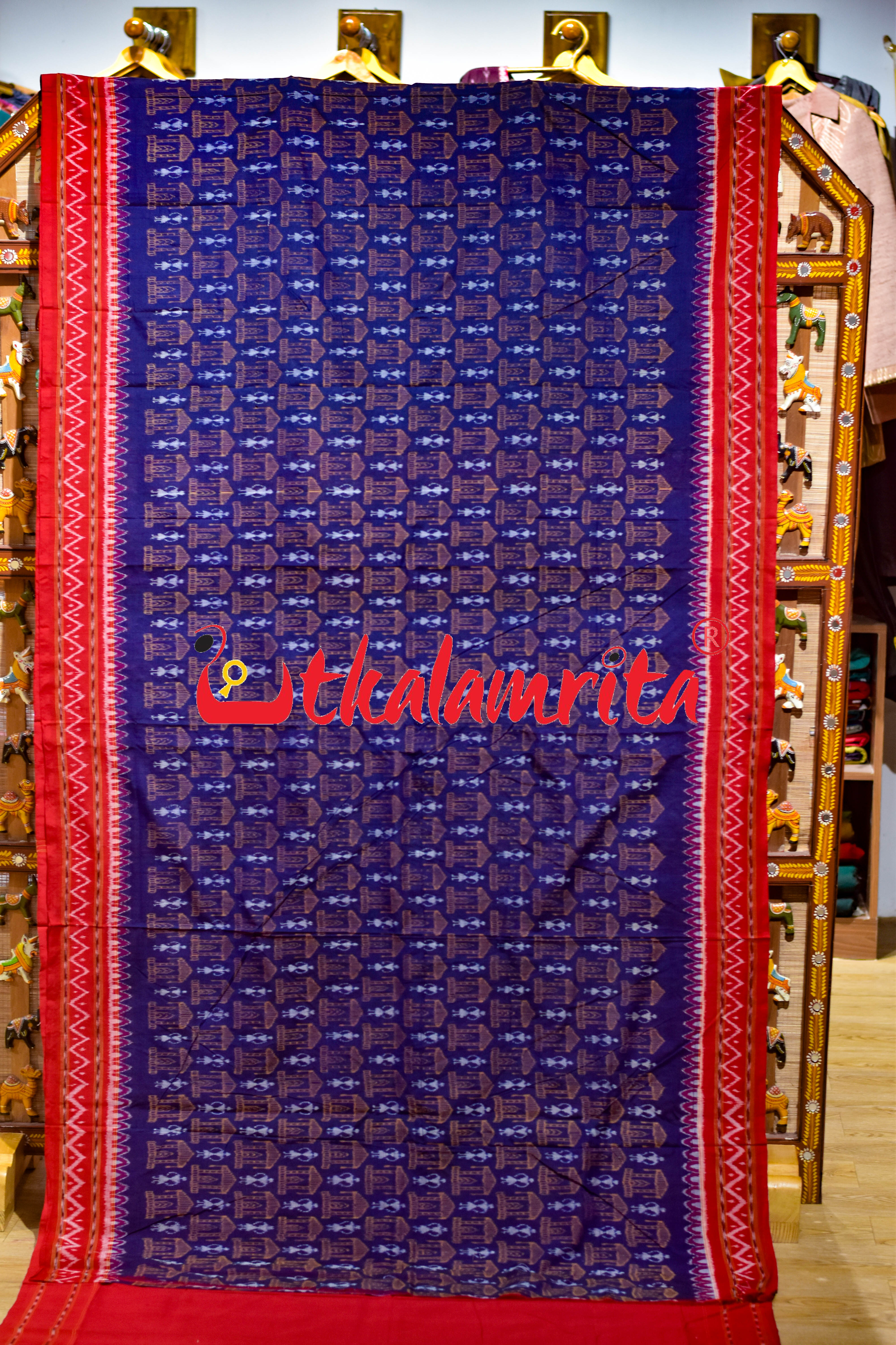 Tribal Blue Red Sambalpur Cotton Saree