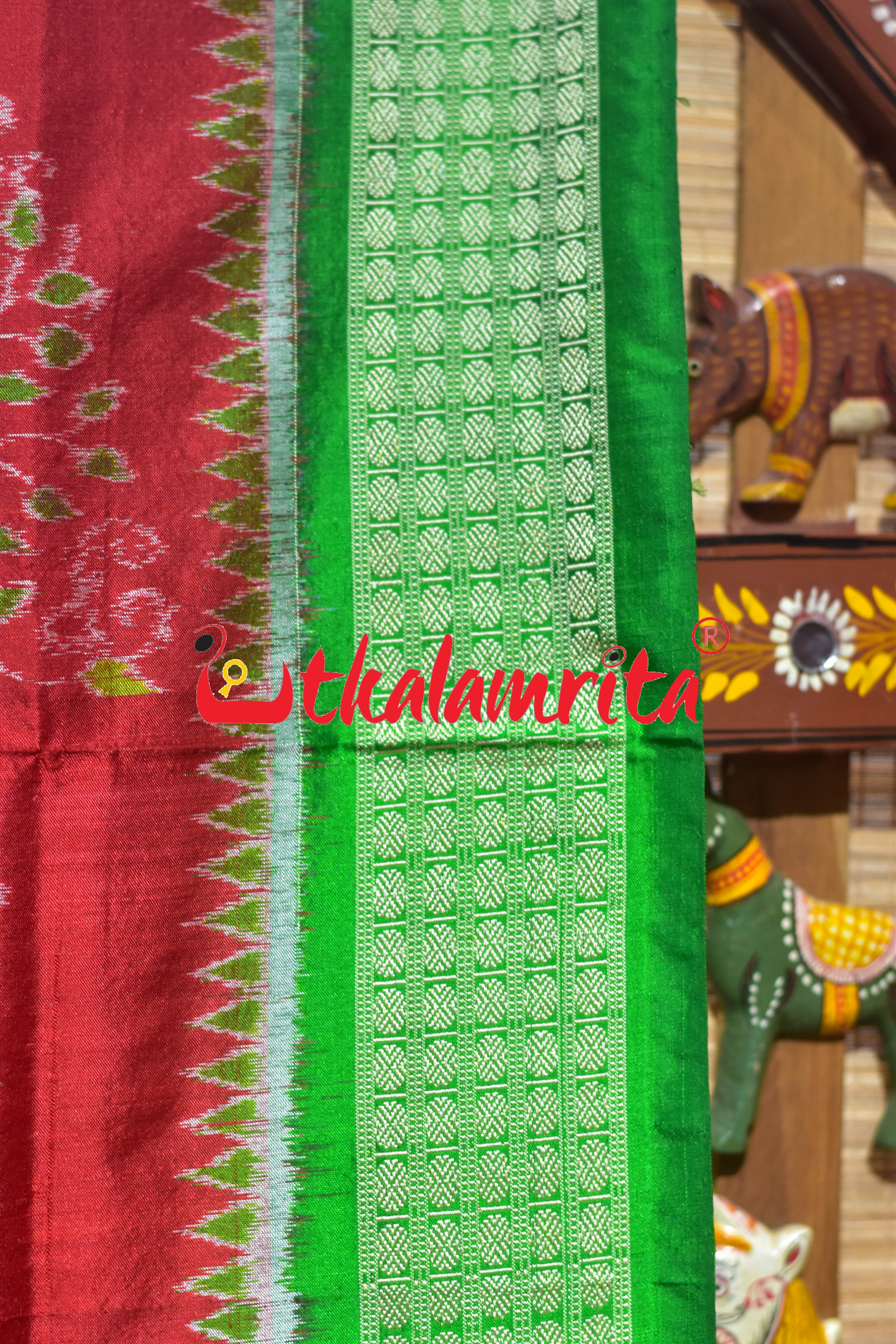 Red Green Phula Bandha Sambalpuri Silk Saree