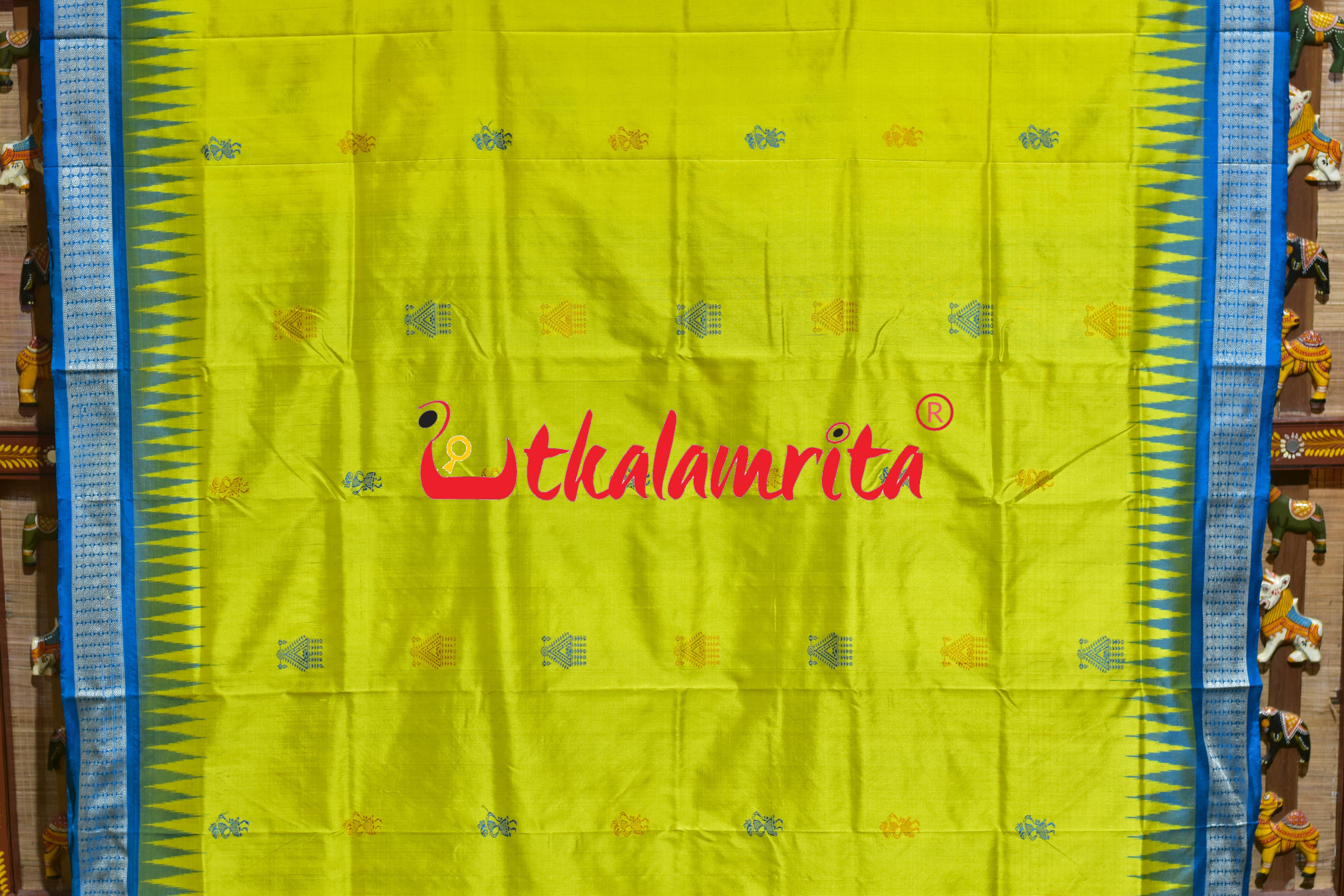Lemon Yellow Blue Tribal Doll Bomkai Silk Saree
