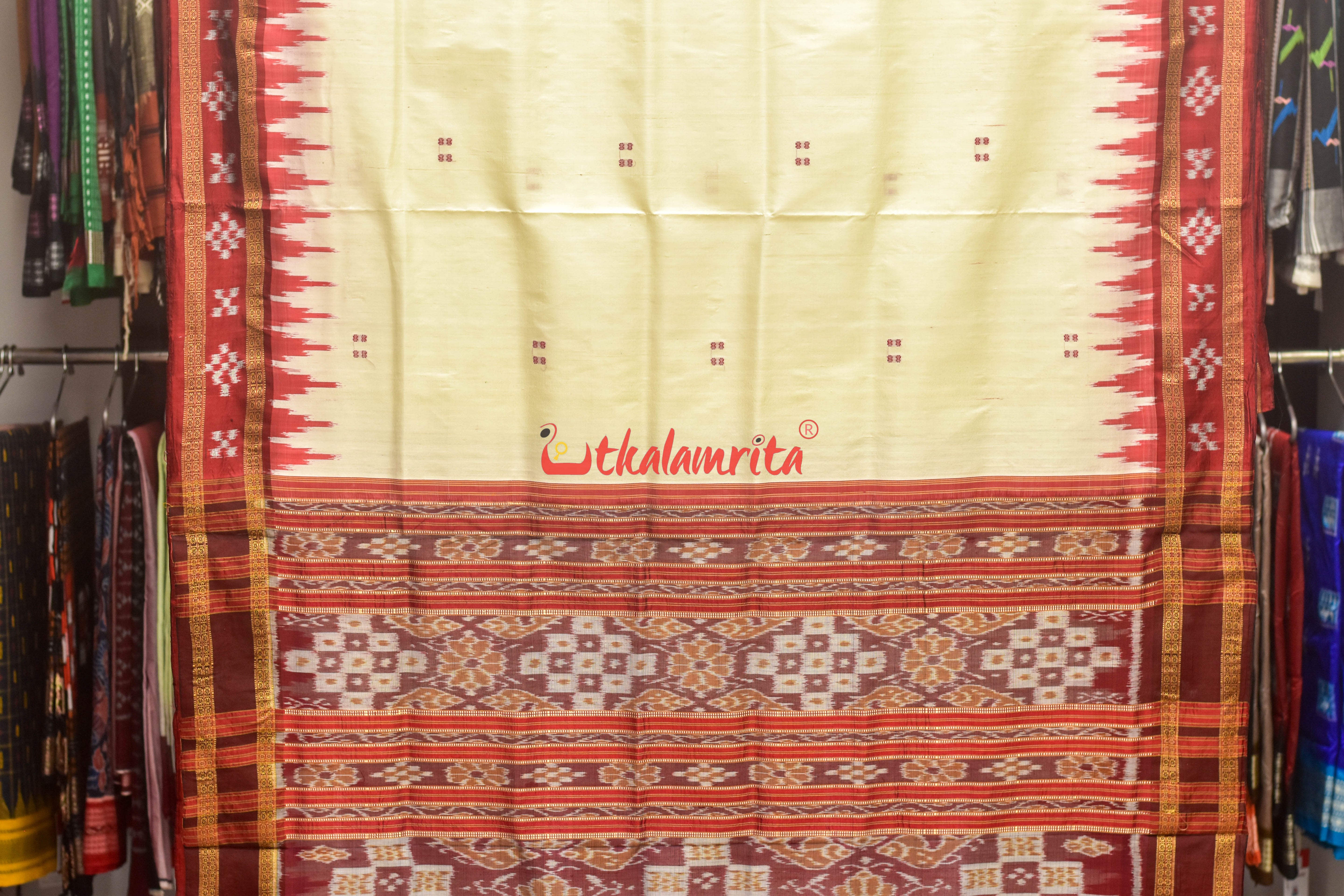 White Maroon Pasapali Border Khandua Silk Saree