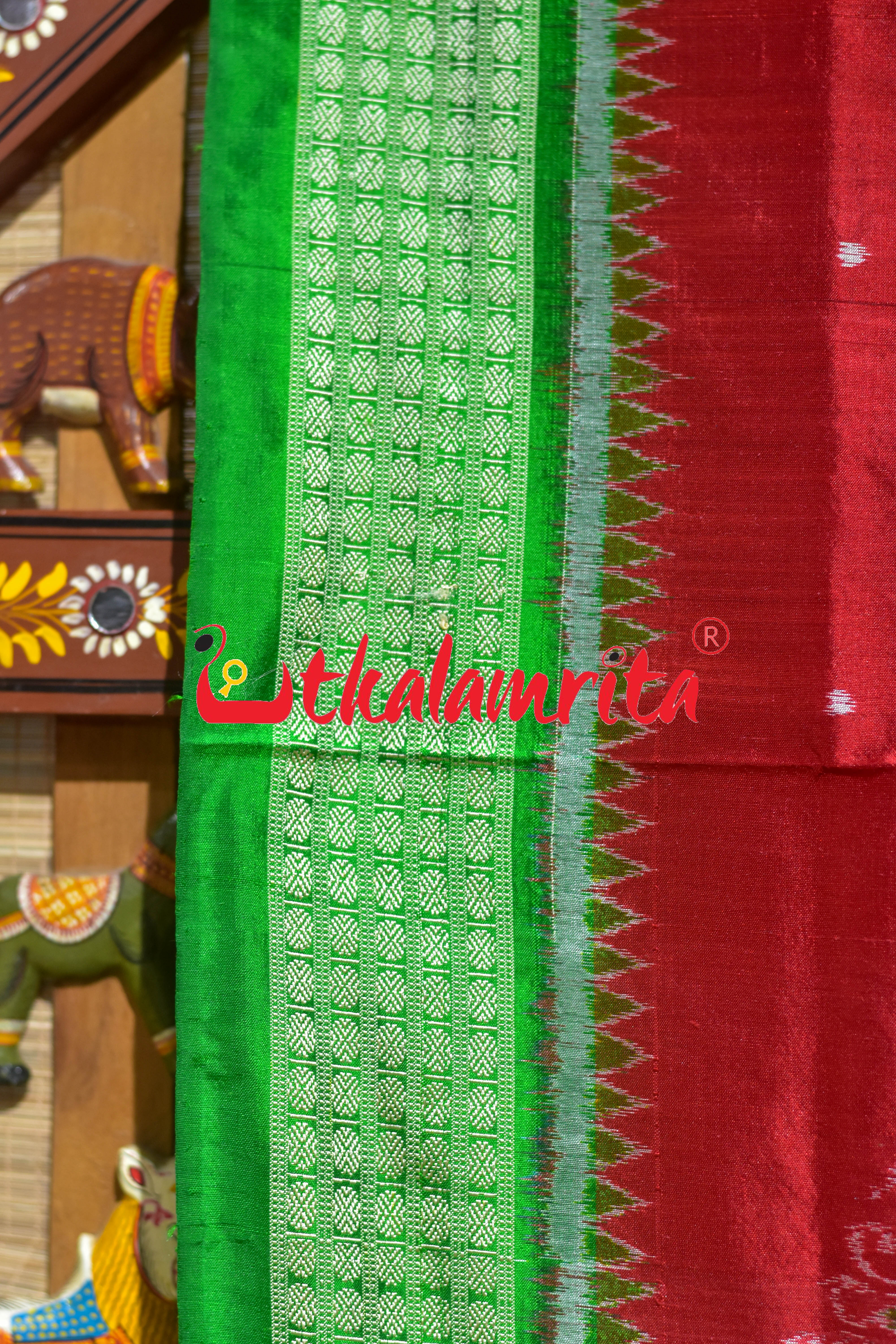 Red Green Phula Bandha Sambalpuri Silk Saree
