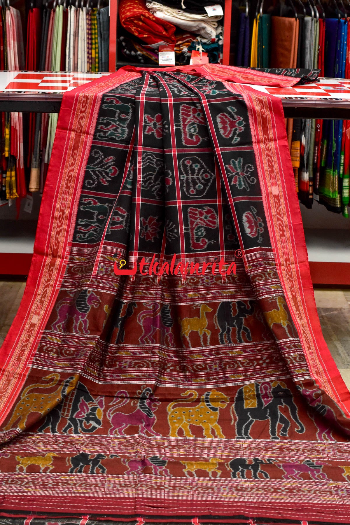 Black Red and Green Combo Nabakothi Cotton Saree