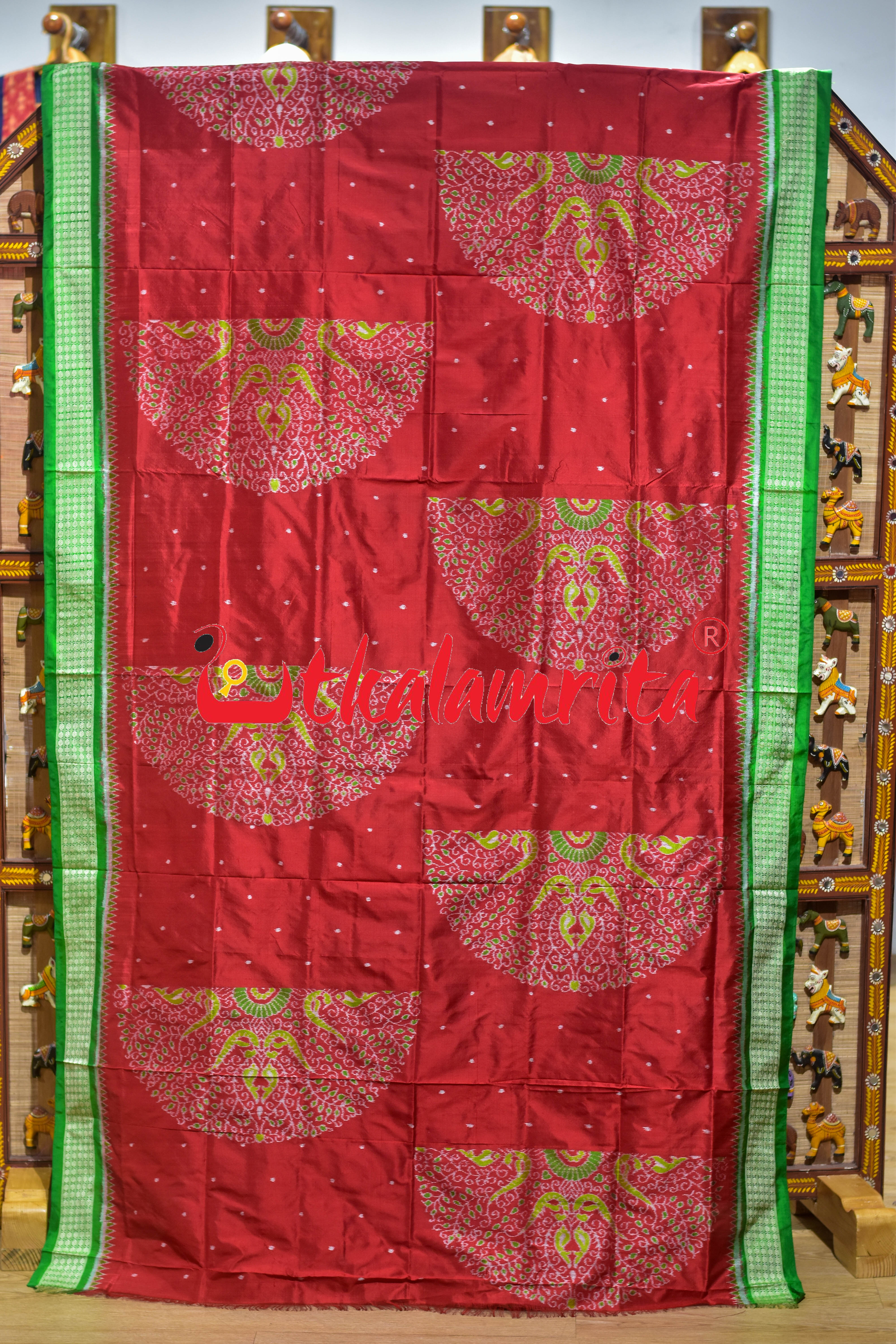 Red Green Phula Bandha Sambalpuri Silk Saree