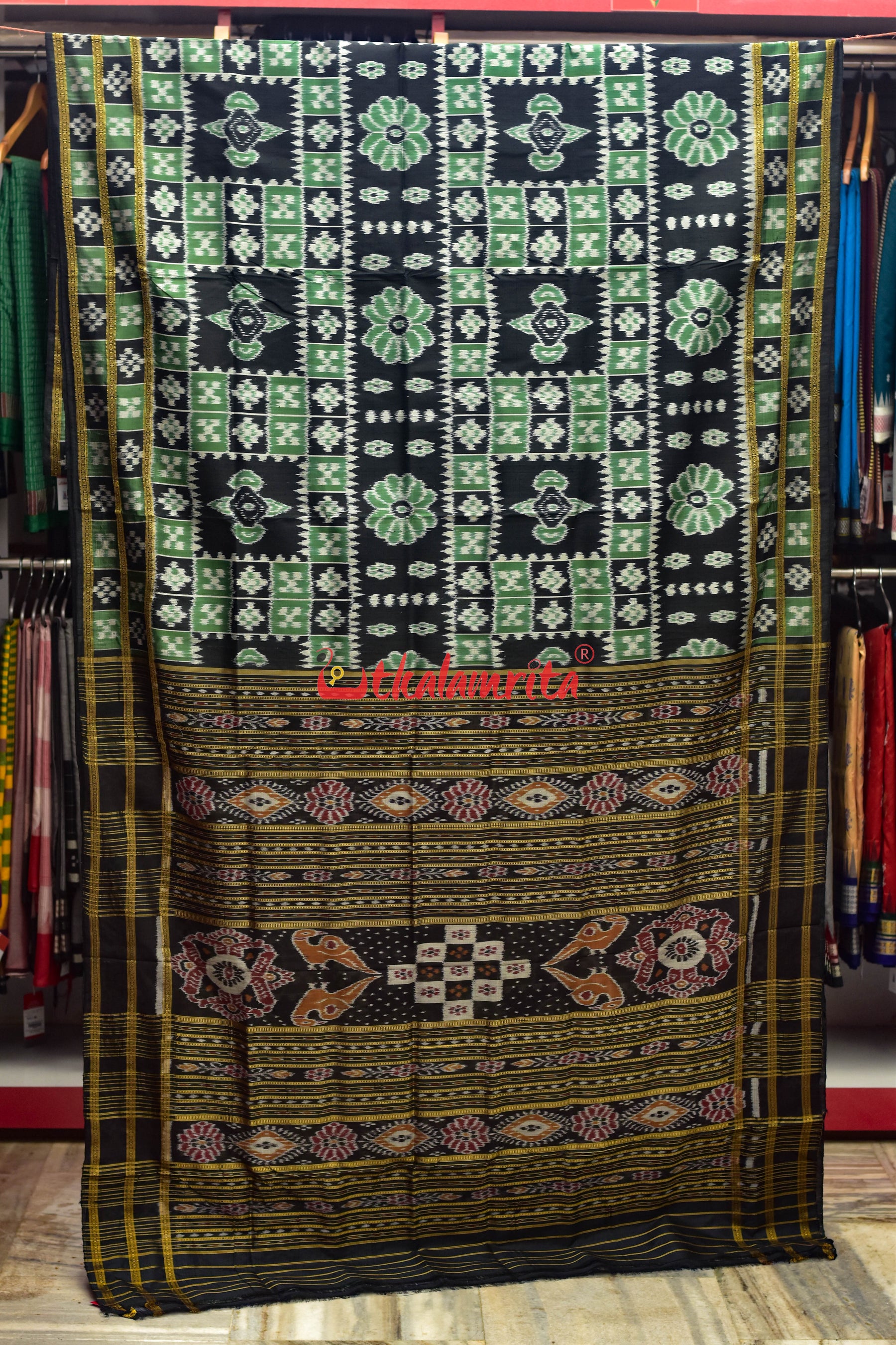 Green Black Flower Bandha Khandua Silk Saree