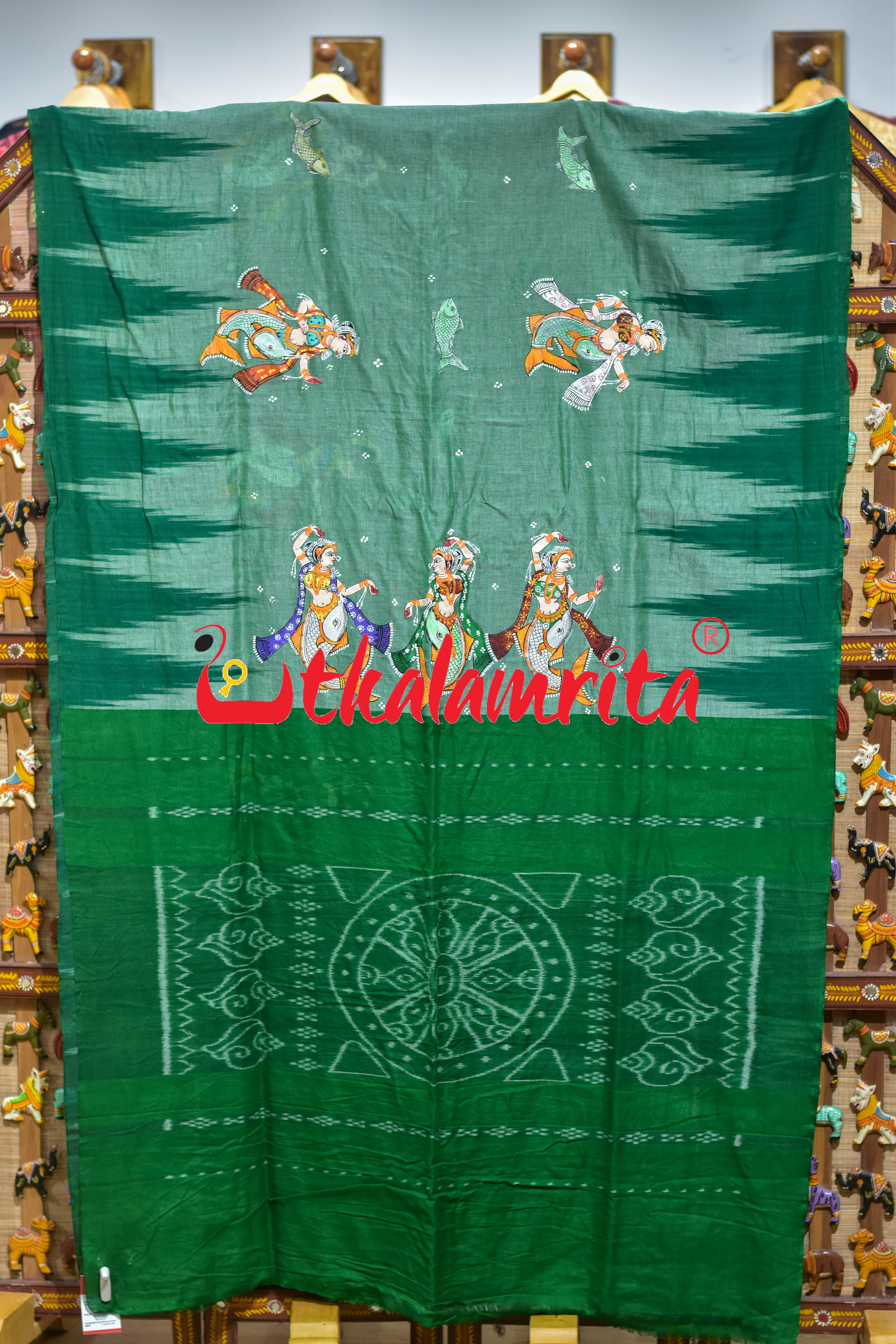 Green Kargil Maschya Kanya Pattachitra Cotton Saree