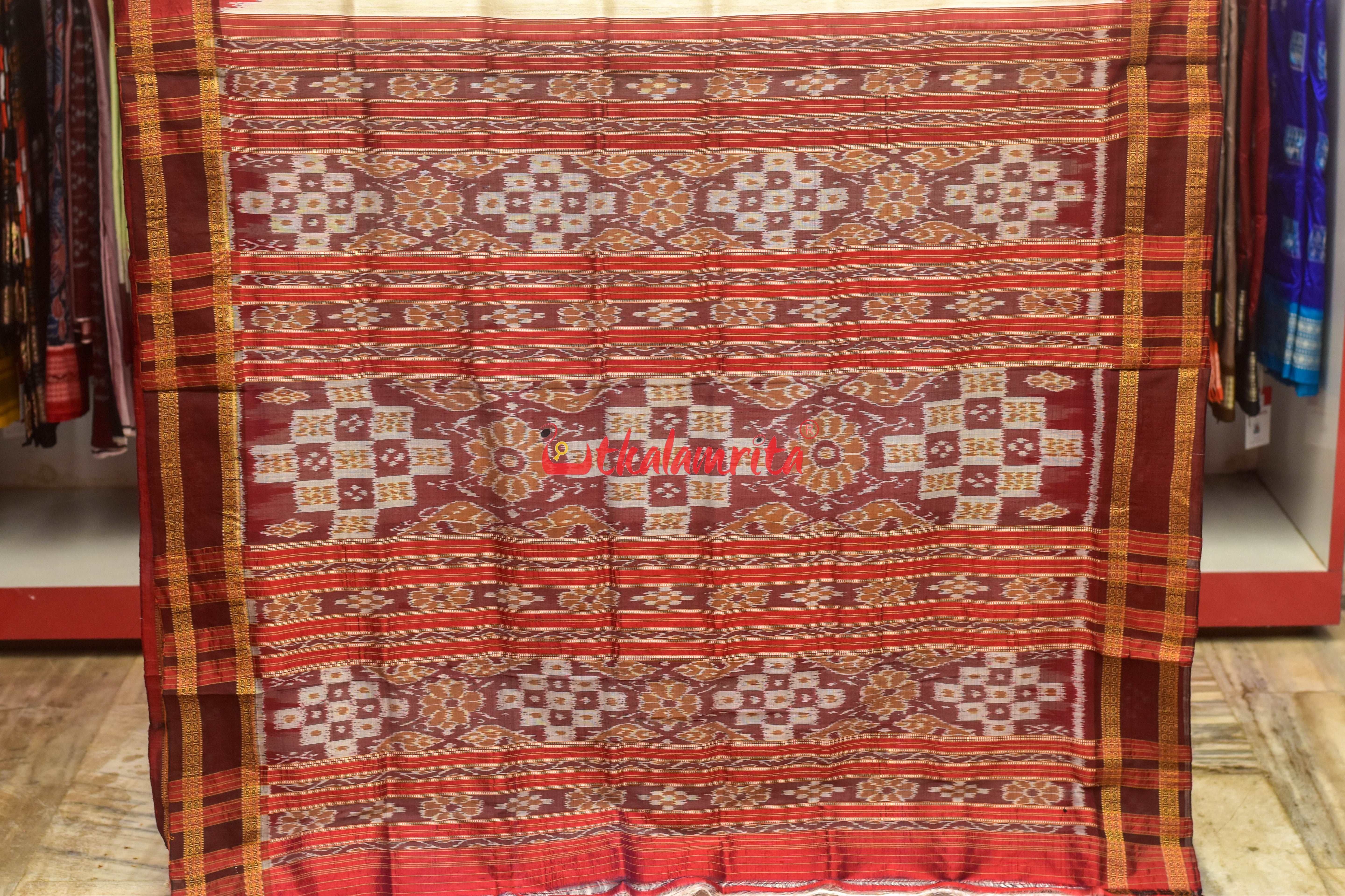 White Maroon Pasapali Border Khandua Silk Saree