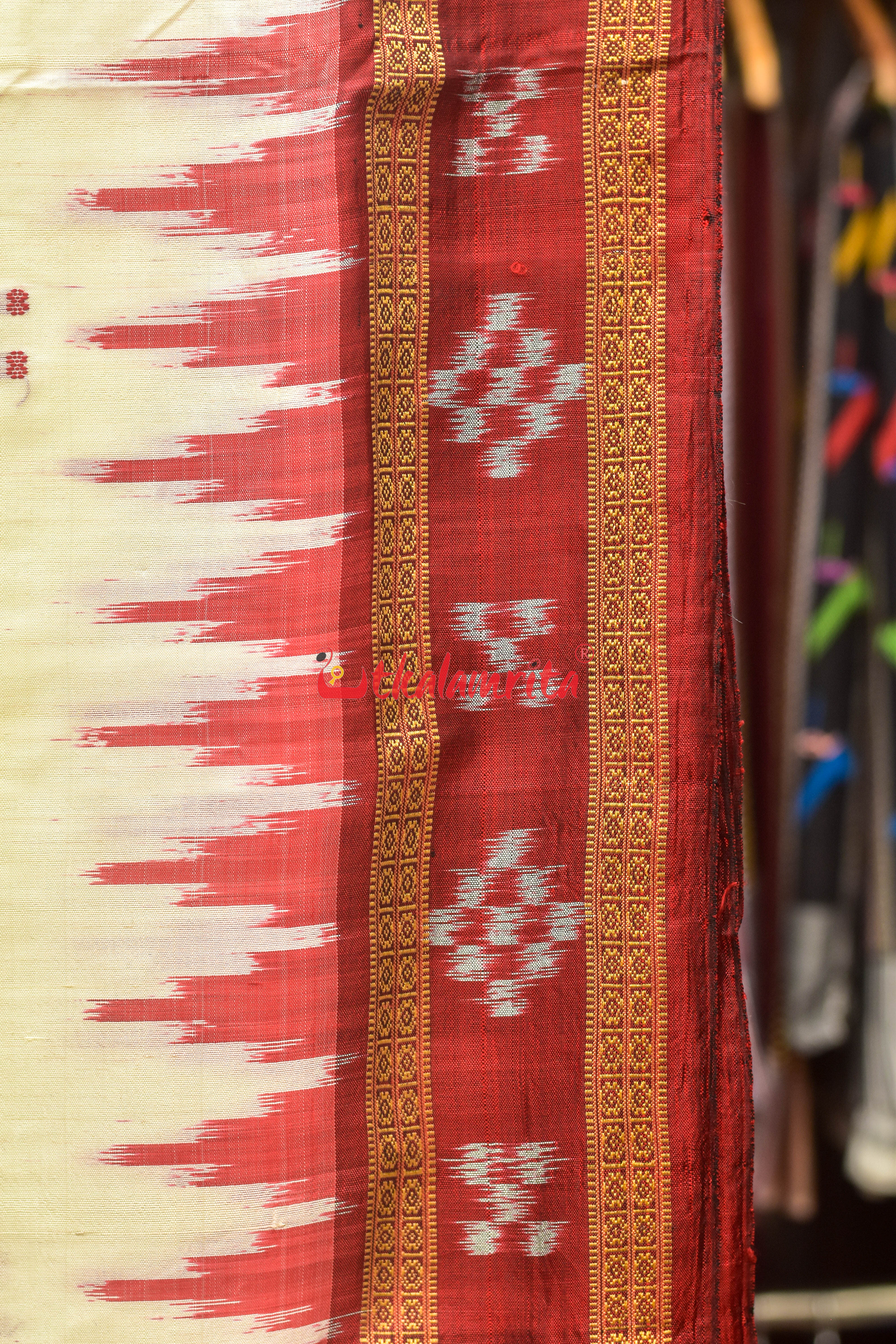White Maroon Pasapali Border Khandua Silk Saree