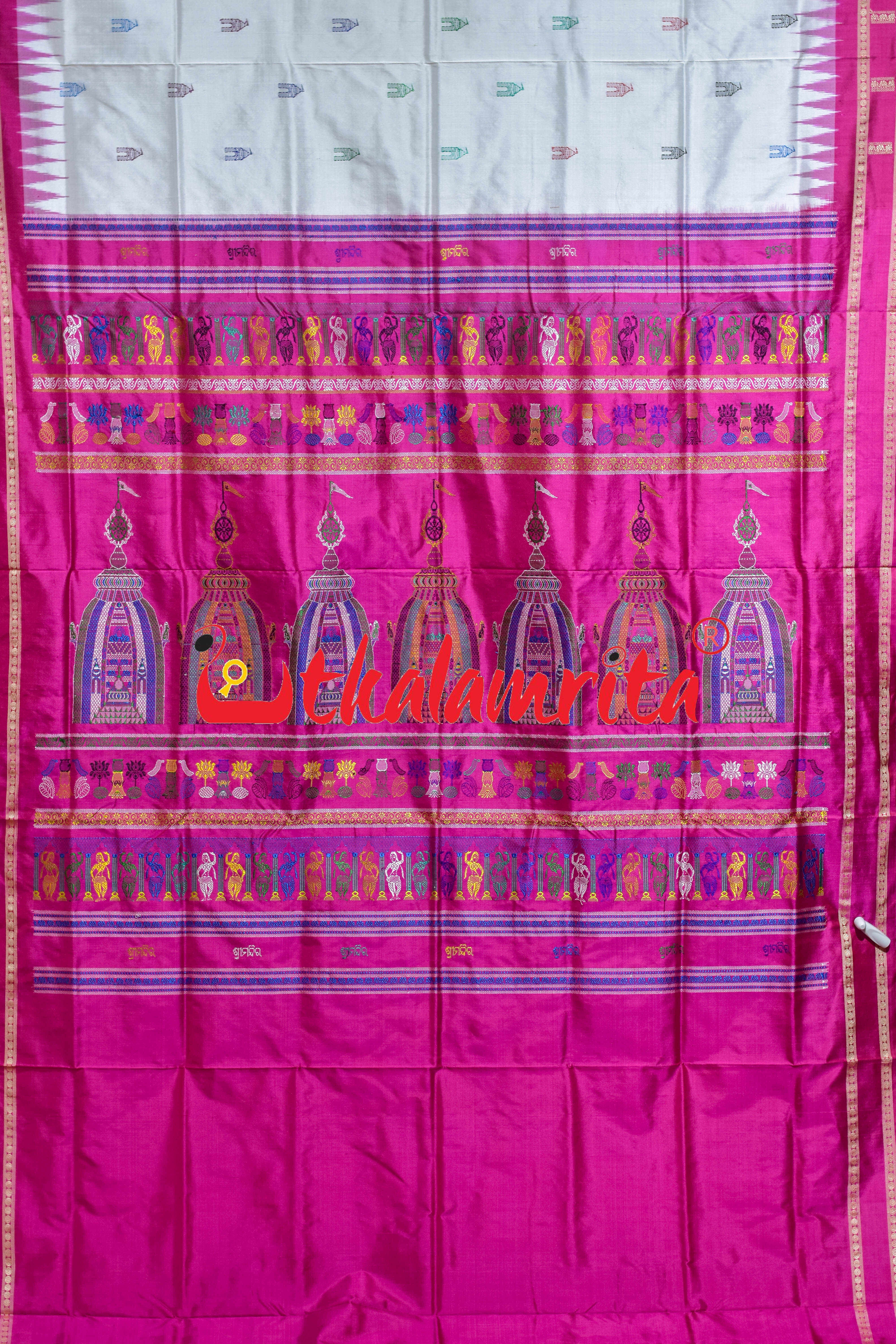 White Rani Pink Srimandira Bomkai Silk Saree