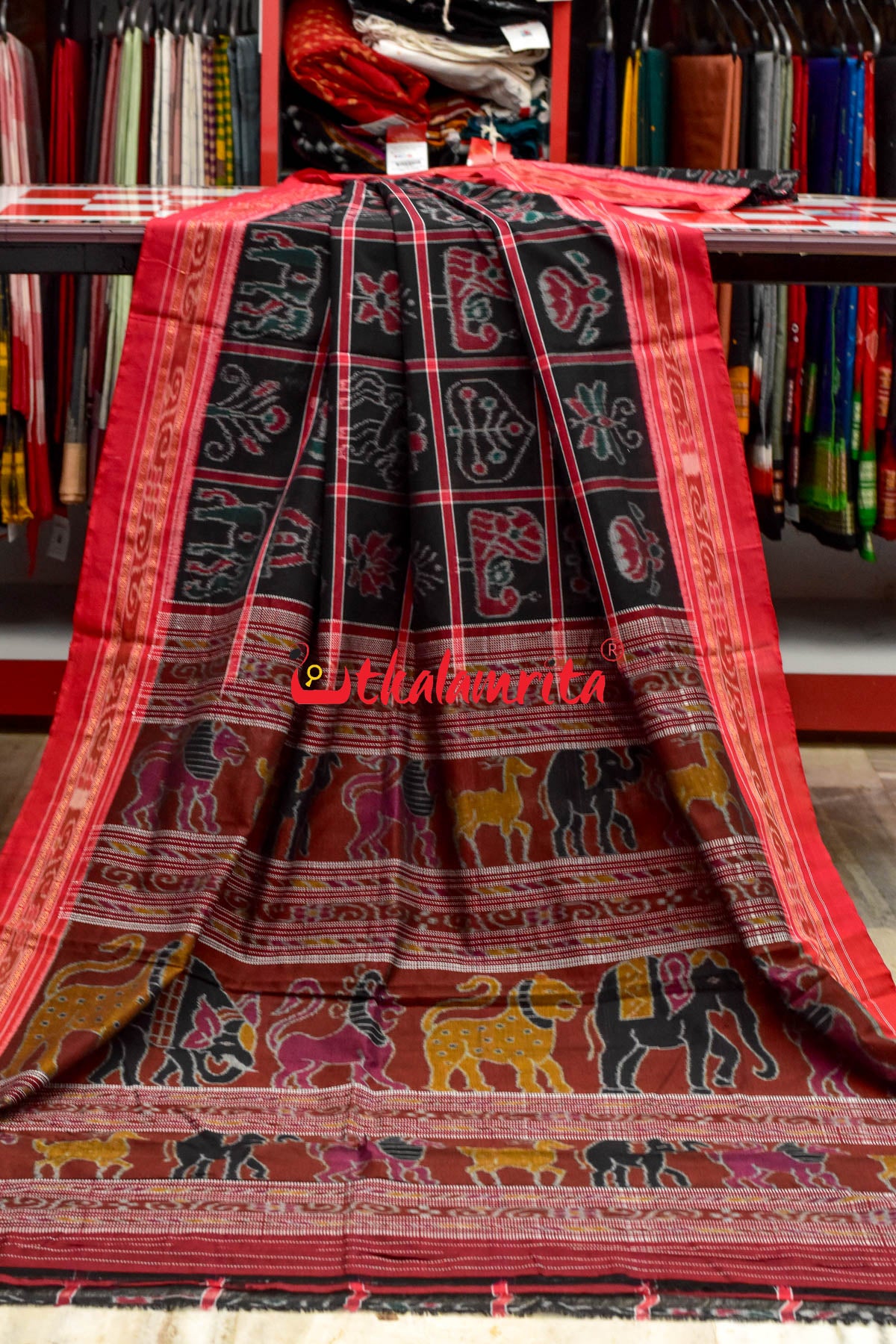 Black Red and Green Combo Nabakothi Cotton Saree