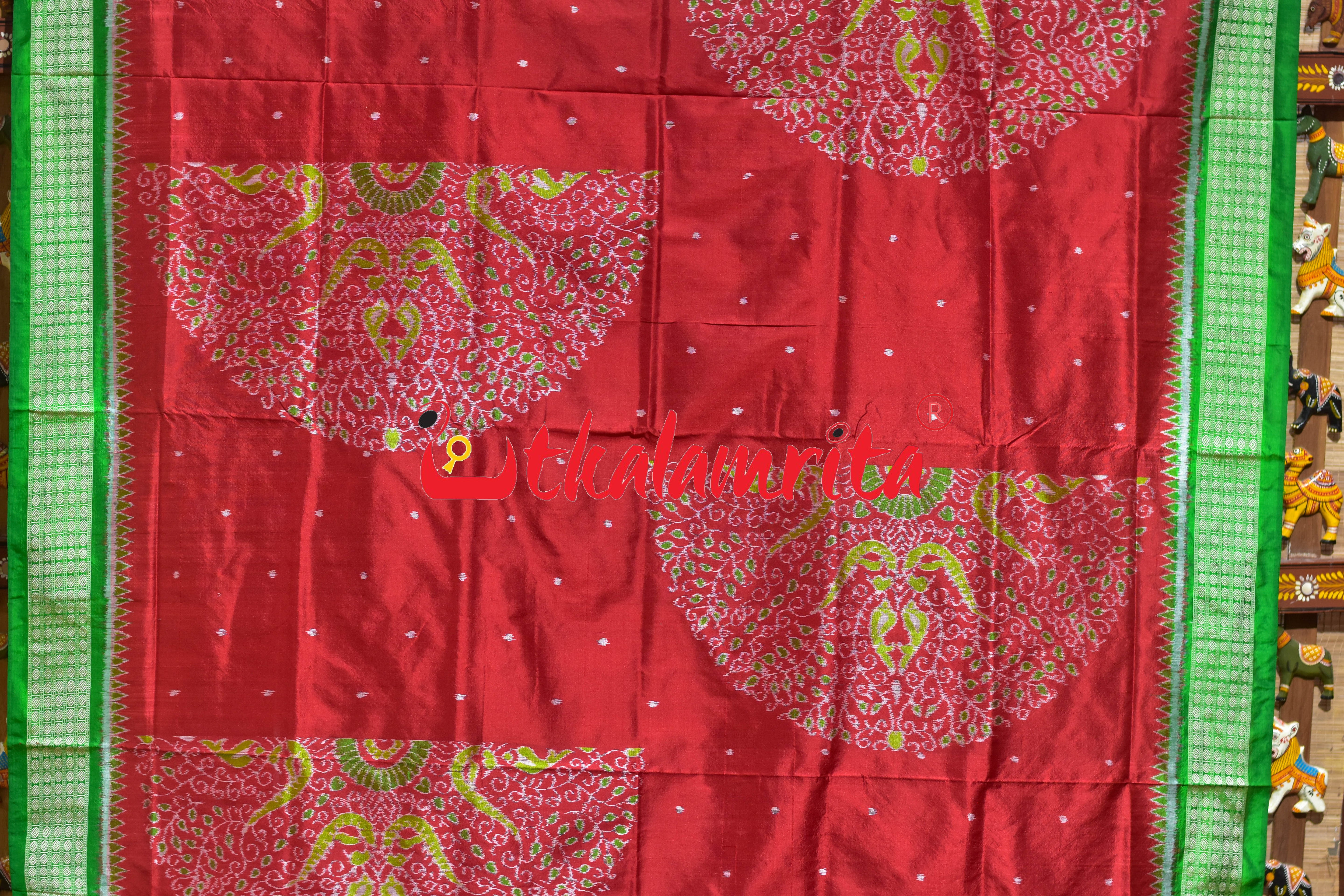 Red Green Phula Bandha Sambalpuri Silk Saree