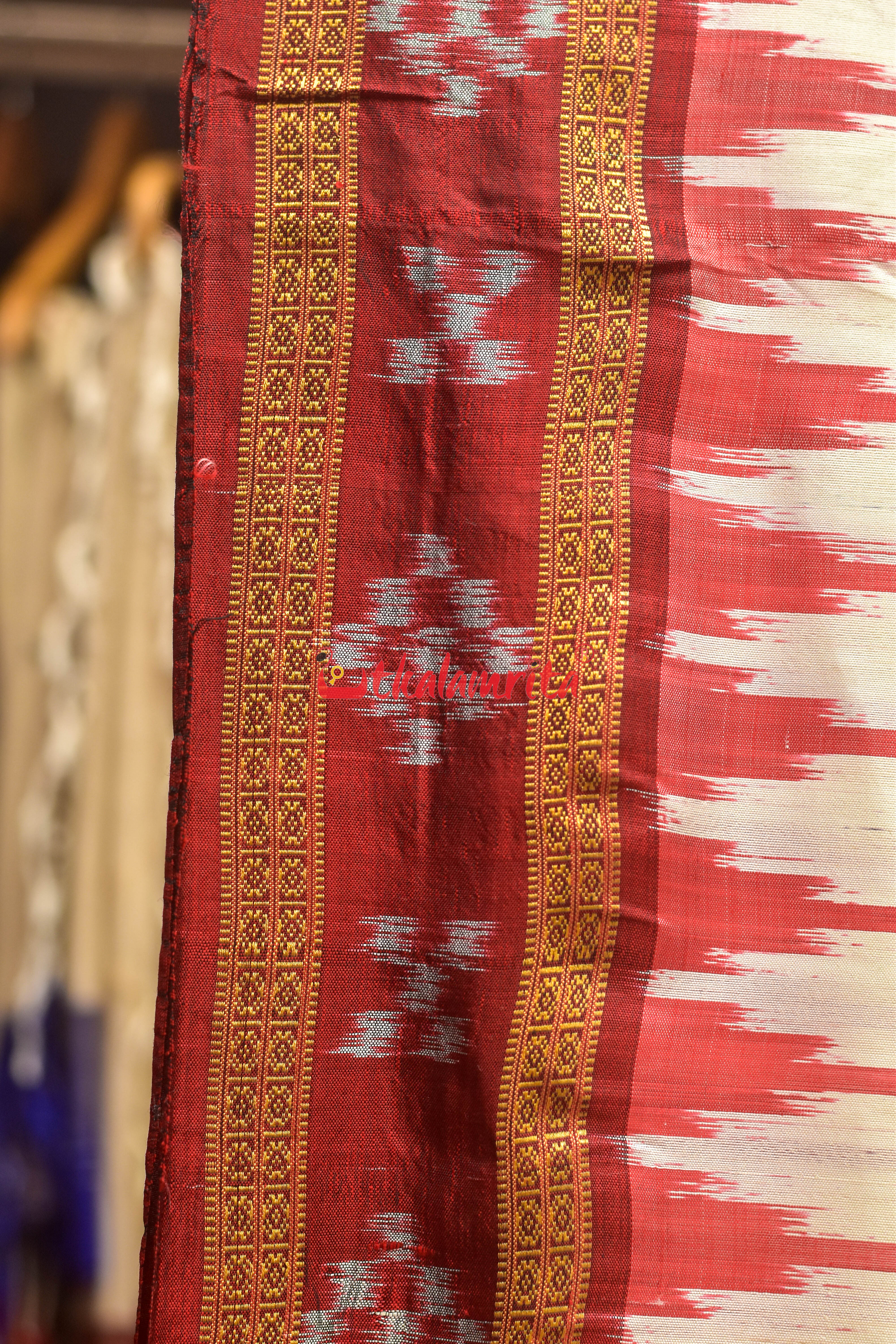 White Maroon Pasapali Border Khandua Silk Saree