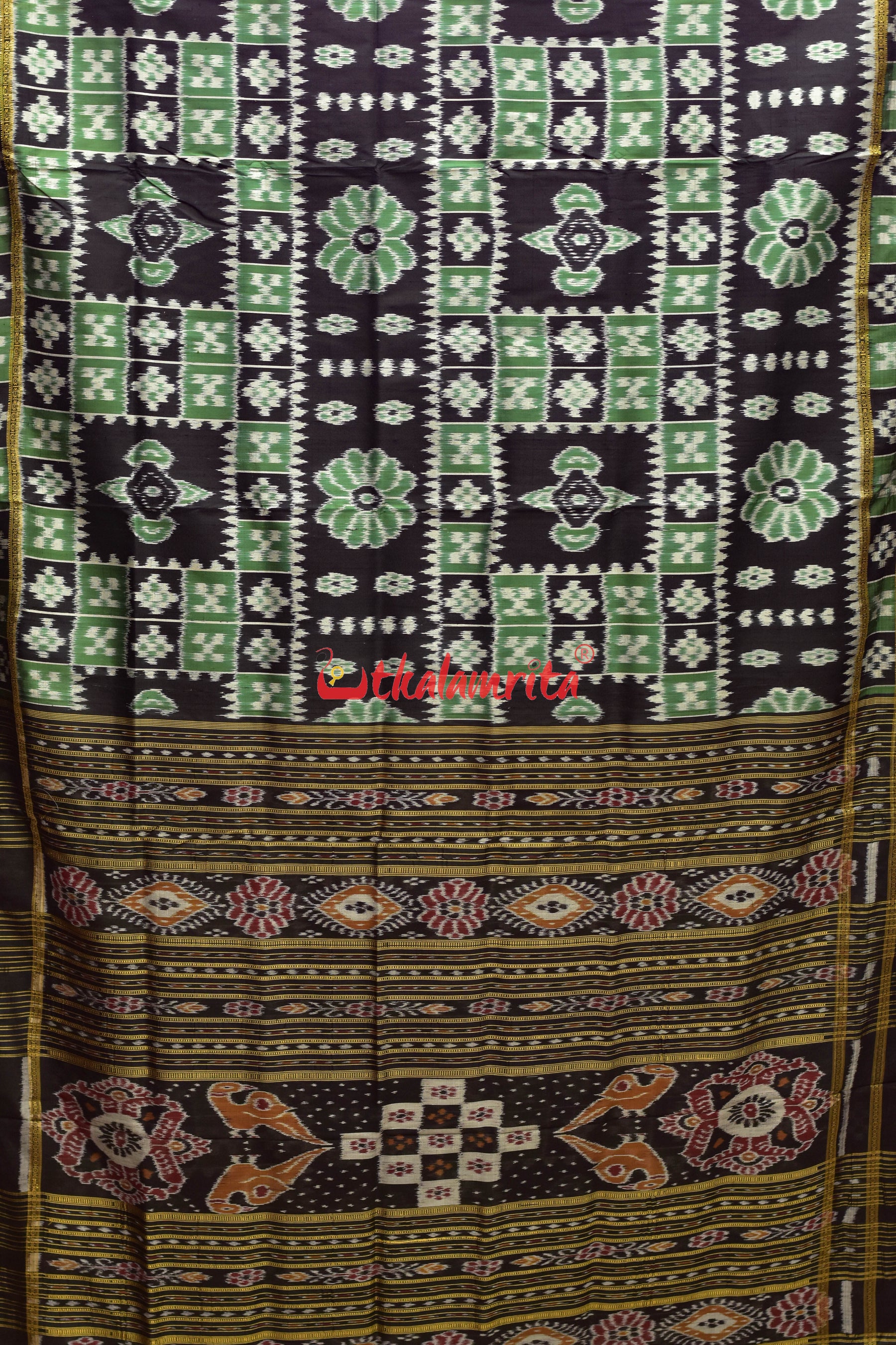 Green Black Flower Bandha Khandua Silk Saree