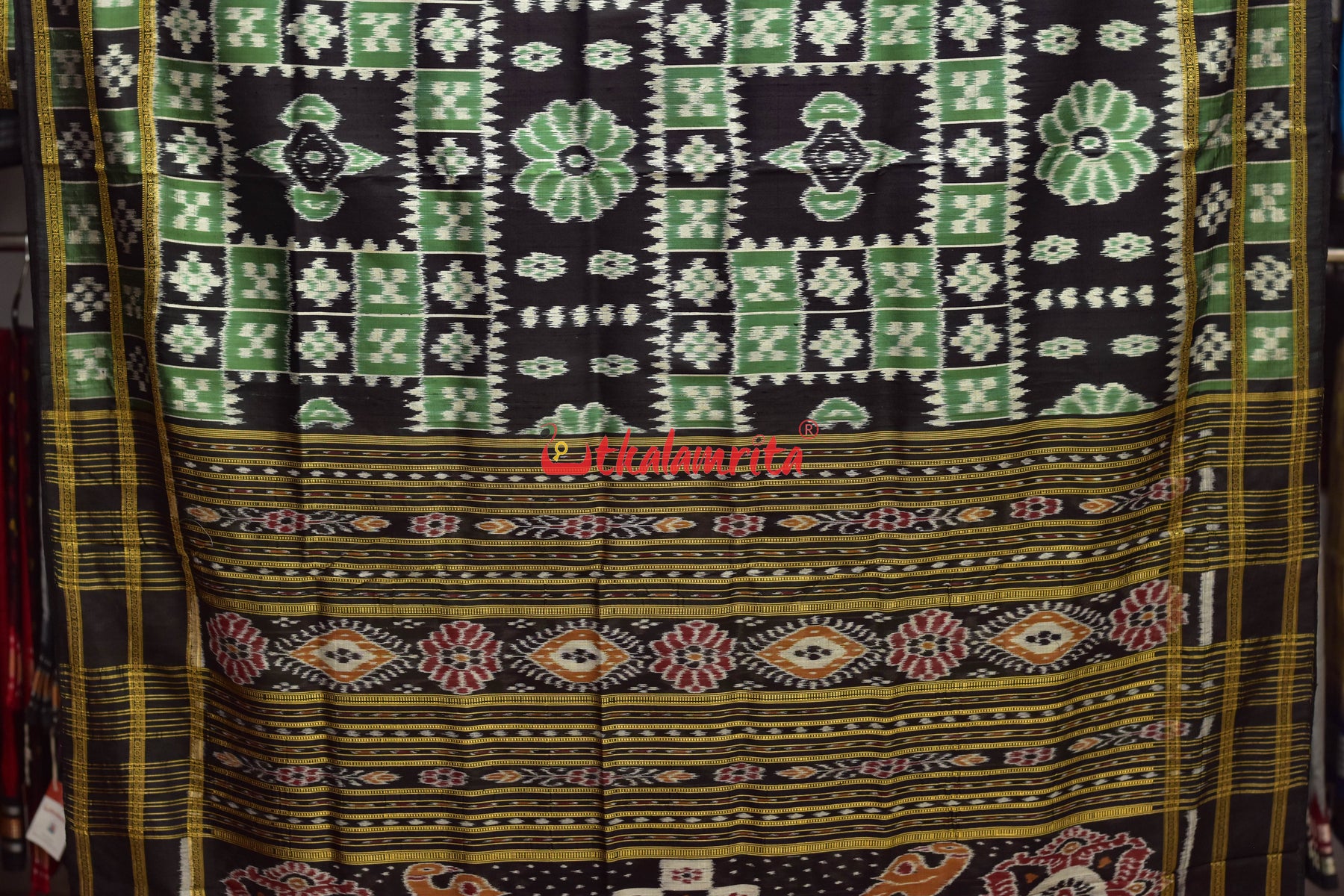 Green Black Flower Bandha Khandua Silk Saree