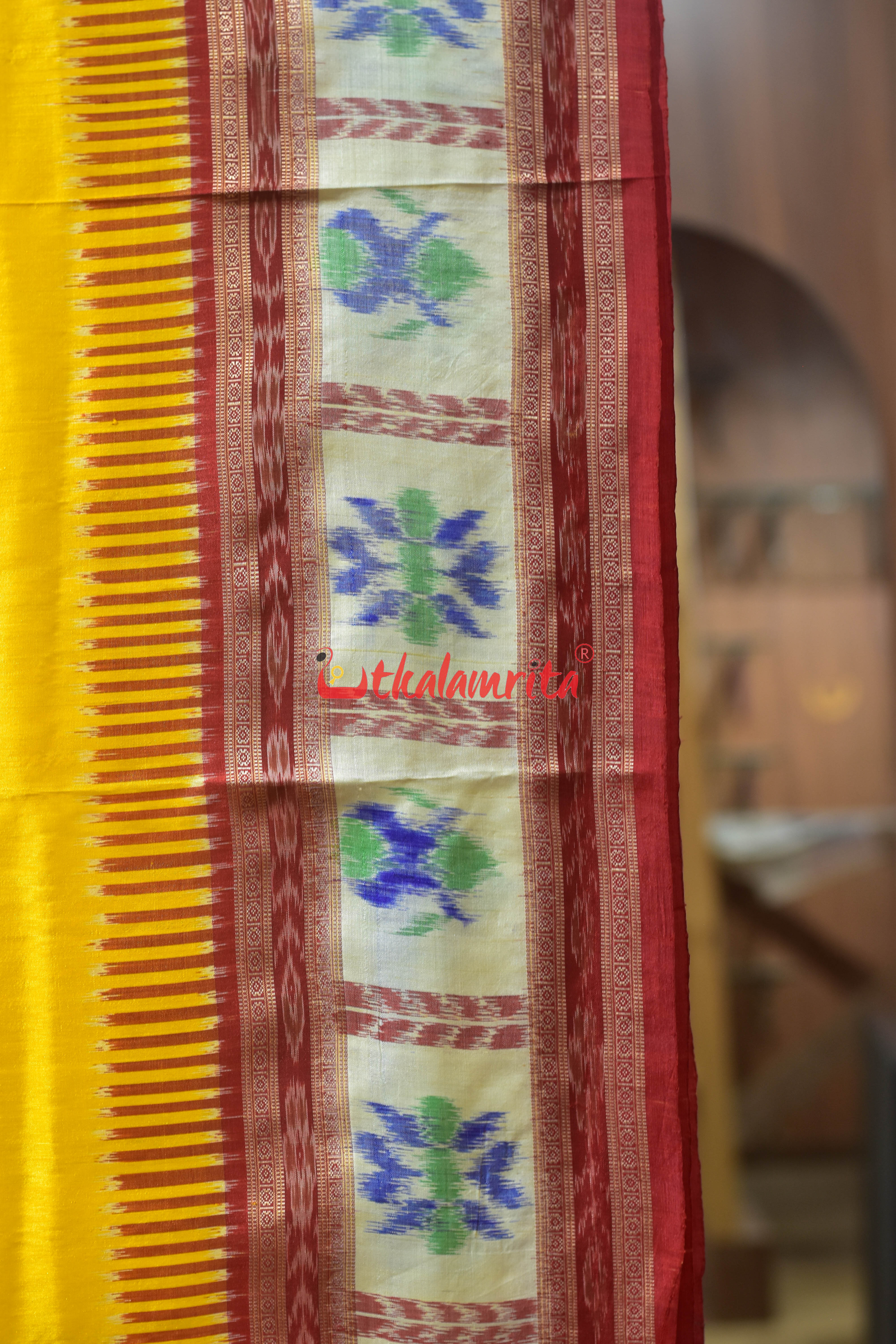 Yellow Kalash Border Kathifera Silk Saree