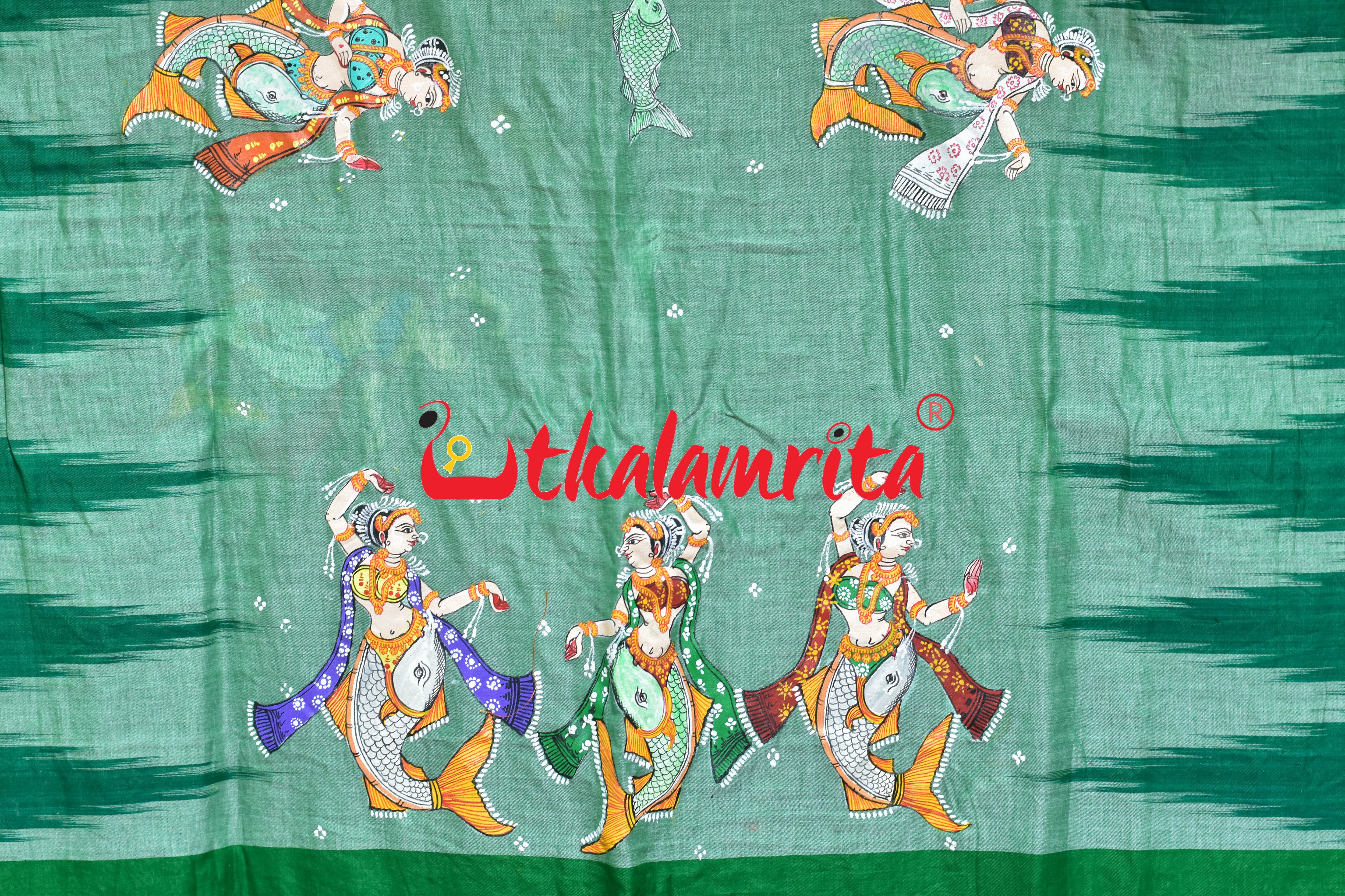 Green Kargil Maschya Kanya Pattachitra Cotton Saree