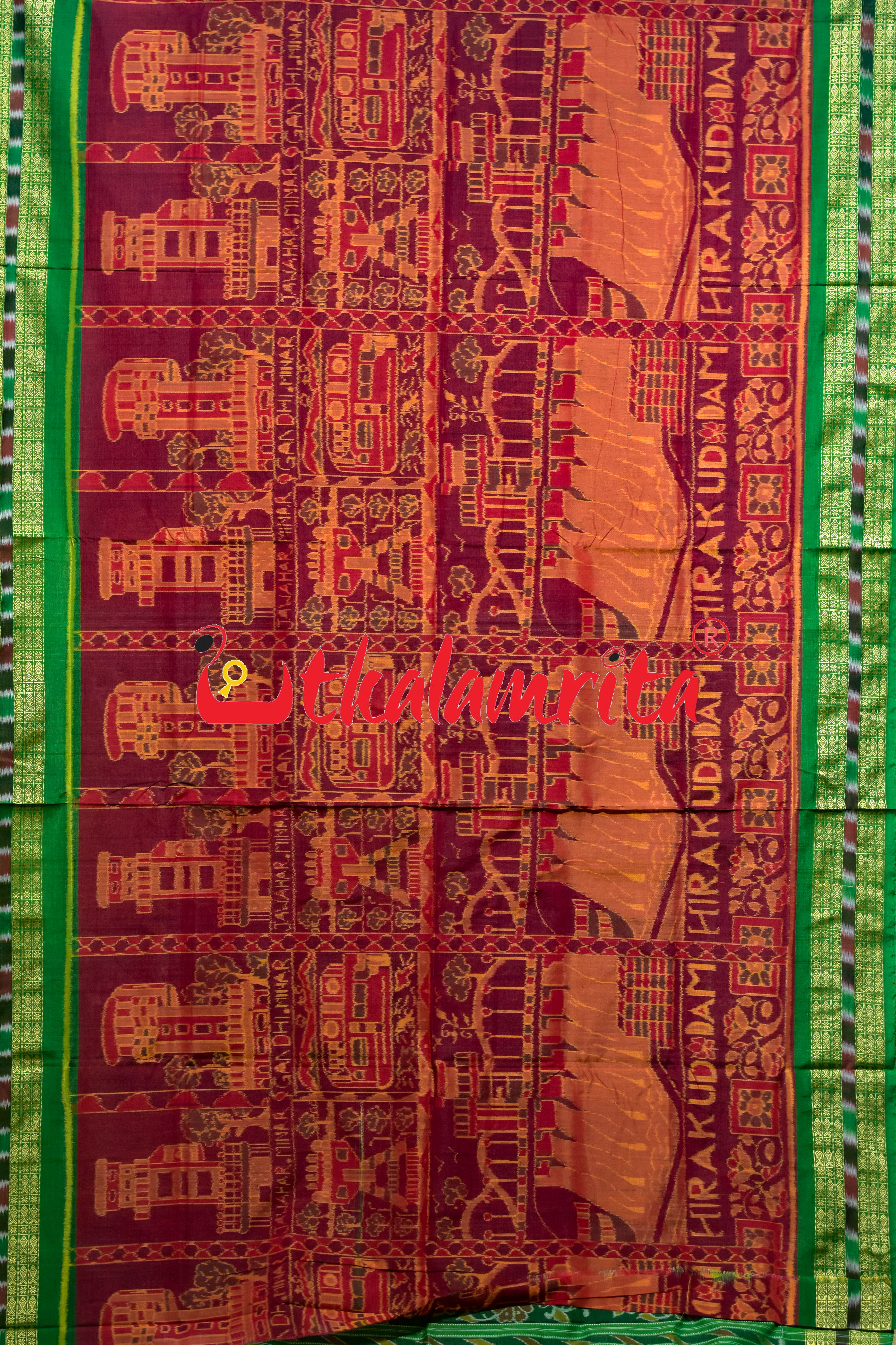 Red Green Hirakud Dam Theme Sambalpuri Cotton Saree