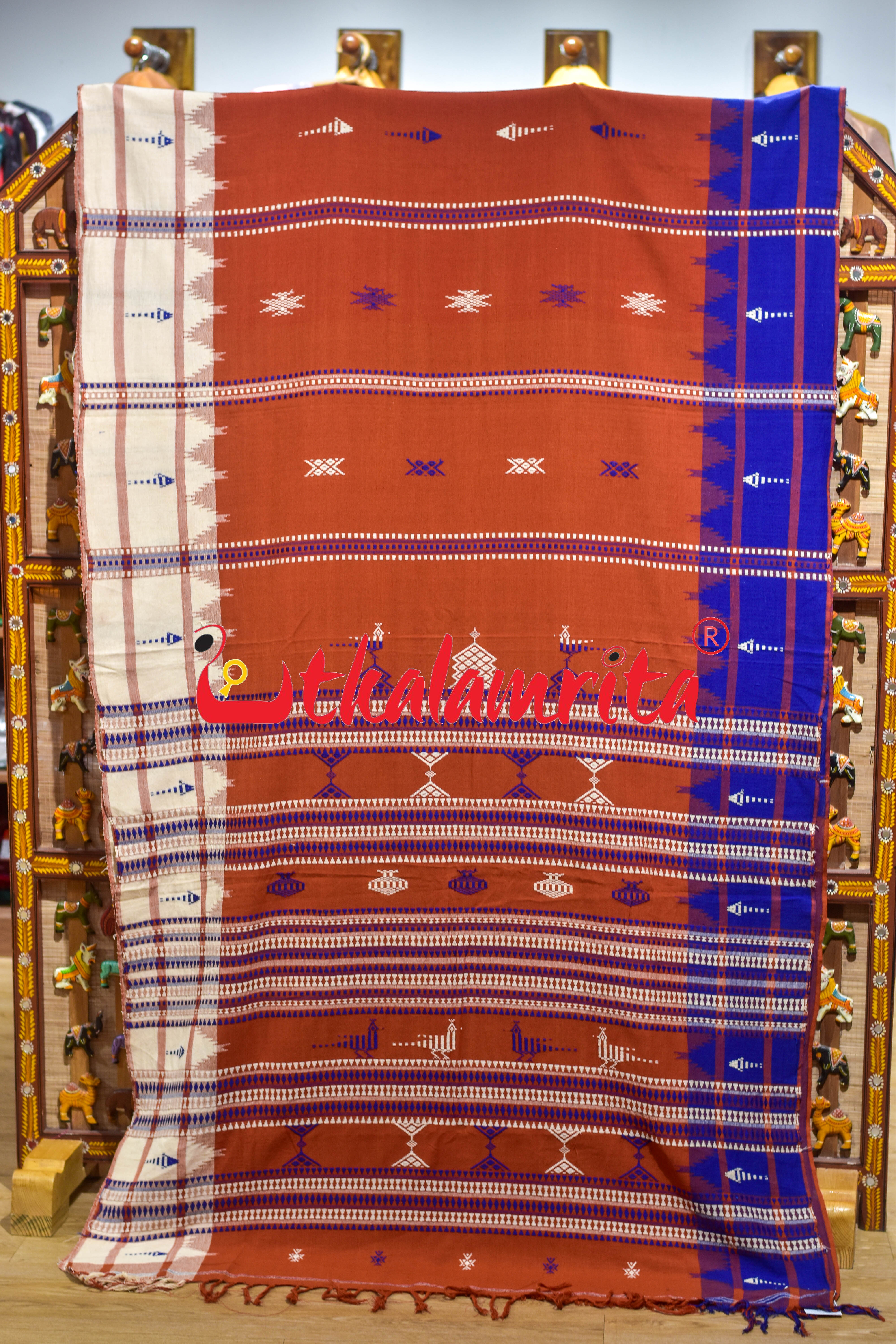 Rust Body Blue Adibasi Double Border Kotpad Cotton Saree