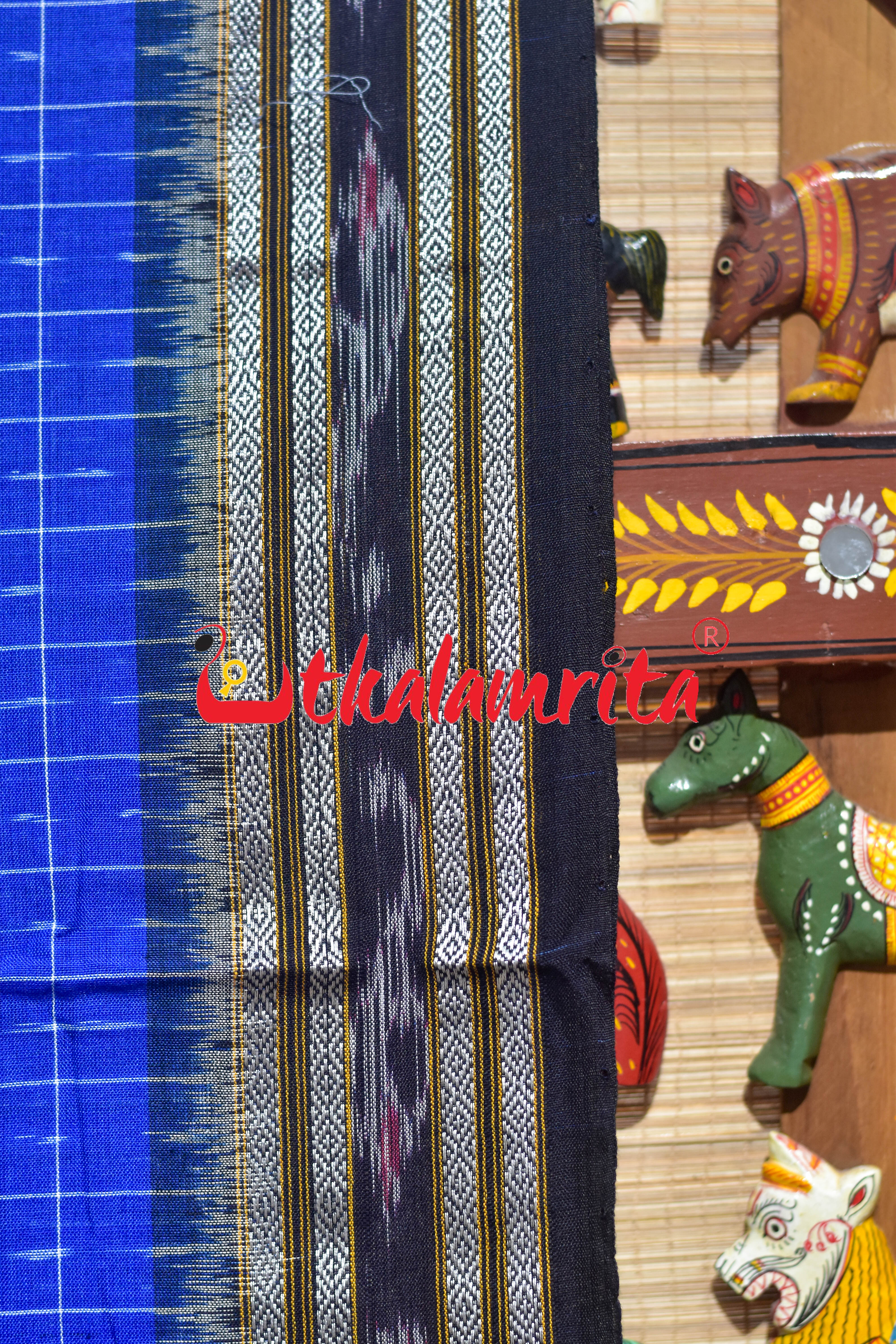 Blue Checks Black Middle Pasapali Khandua Cotton Saree