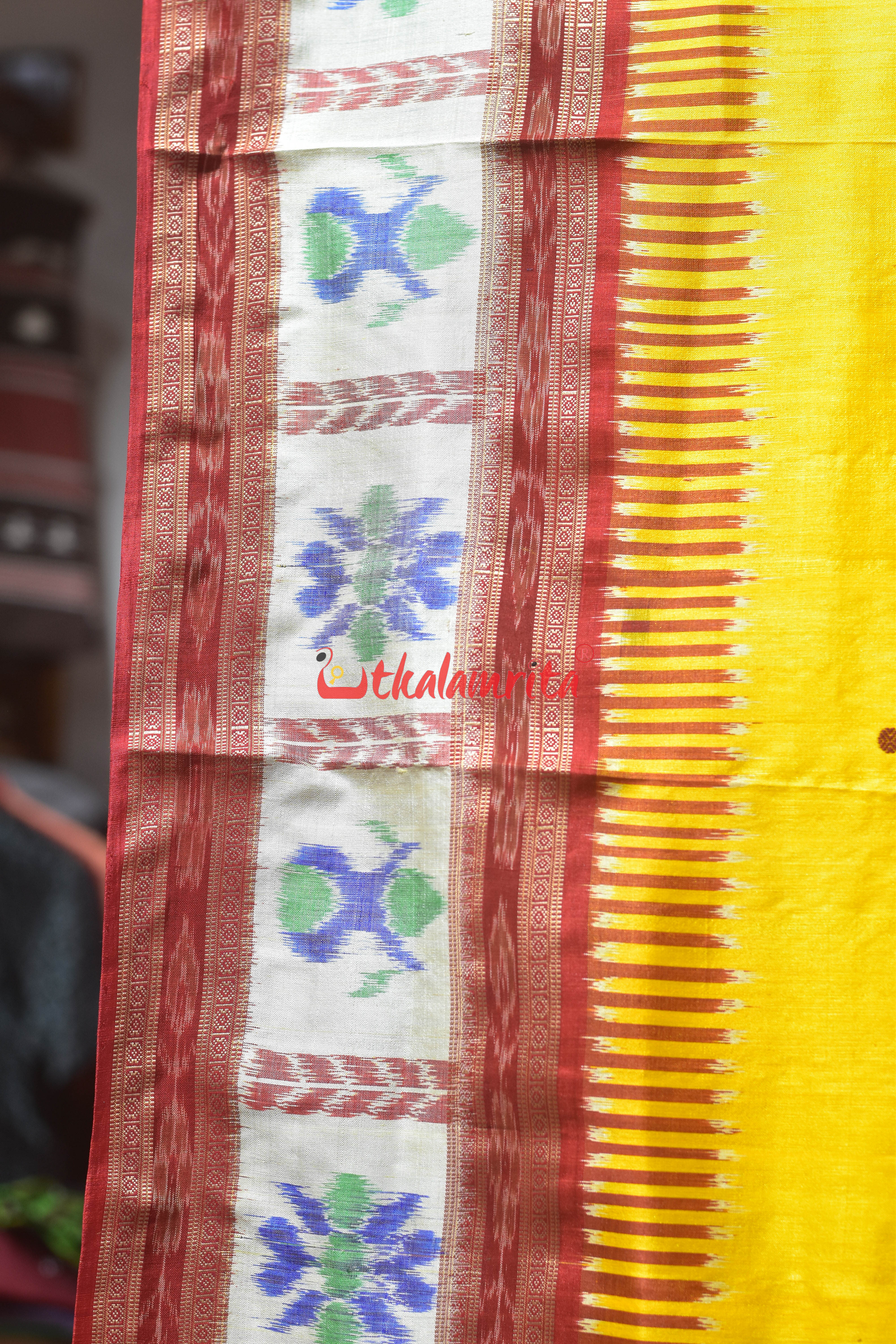 Yellow Kalash Border Kathifera Silk Saree