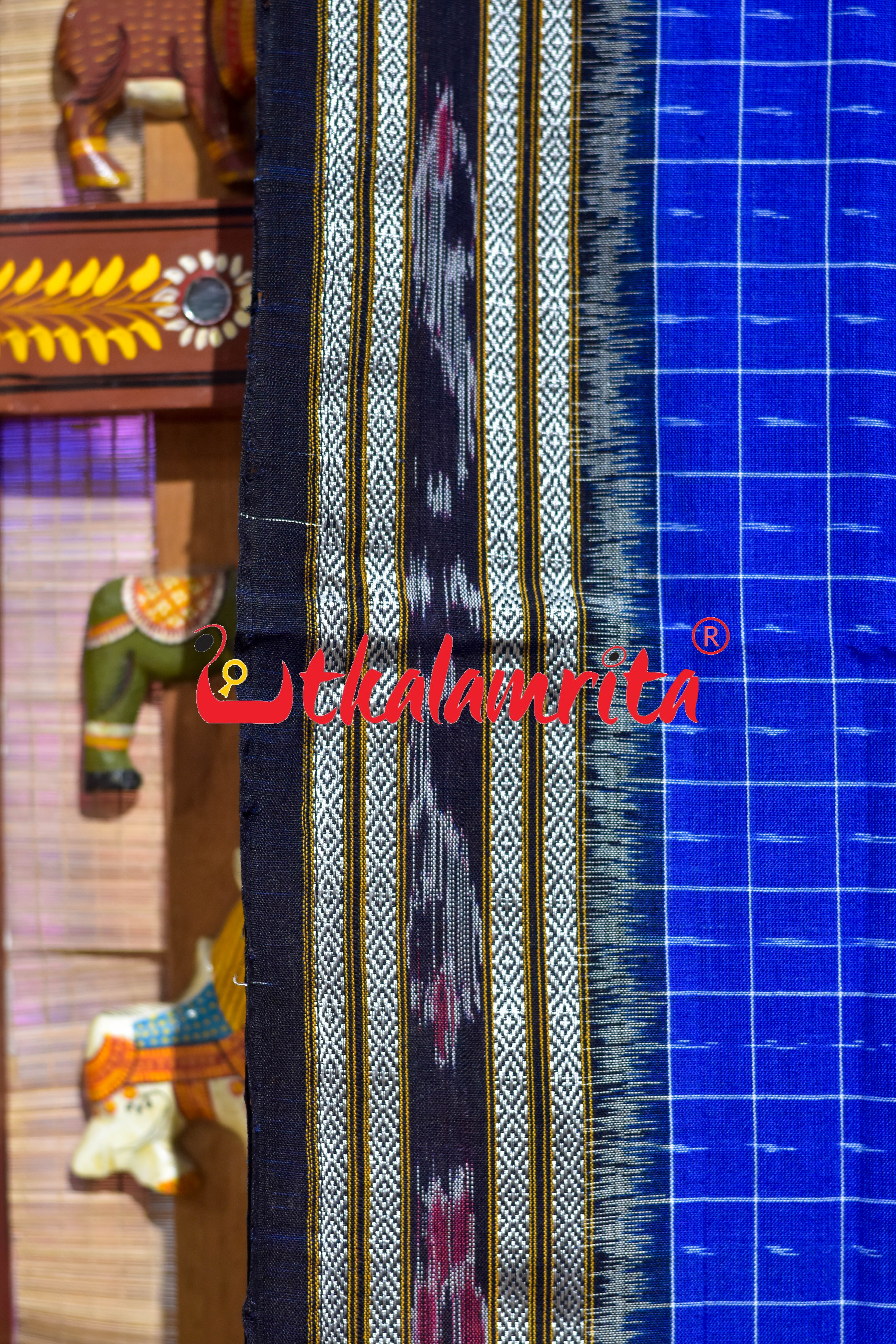 Blue Checks Black Middle Pasapali Khandua Cotton Saree