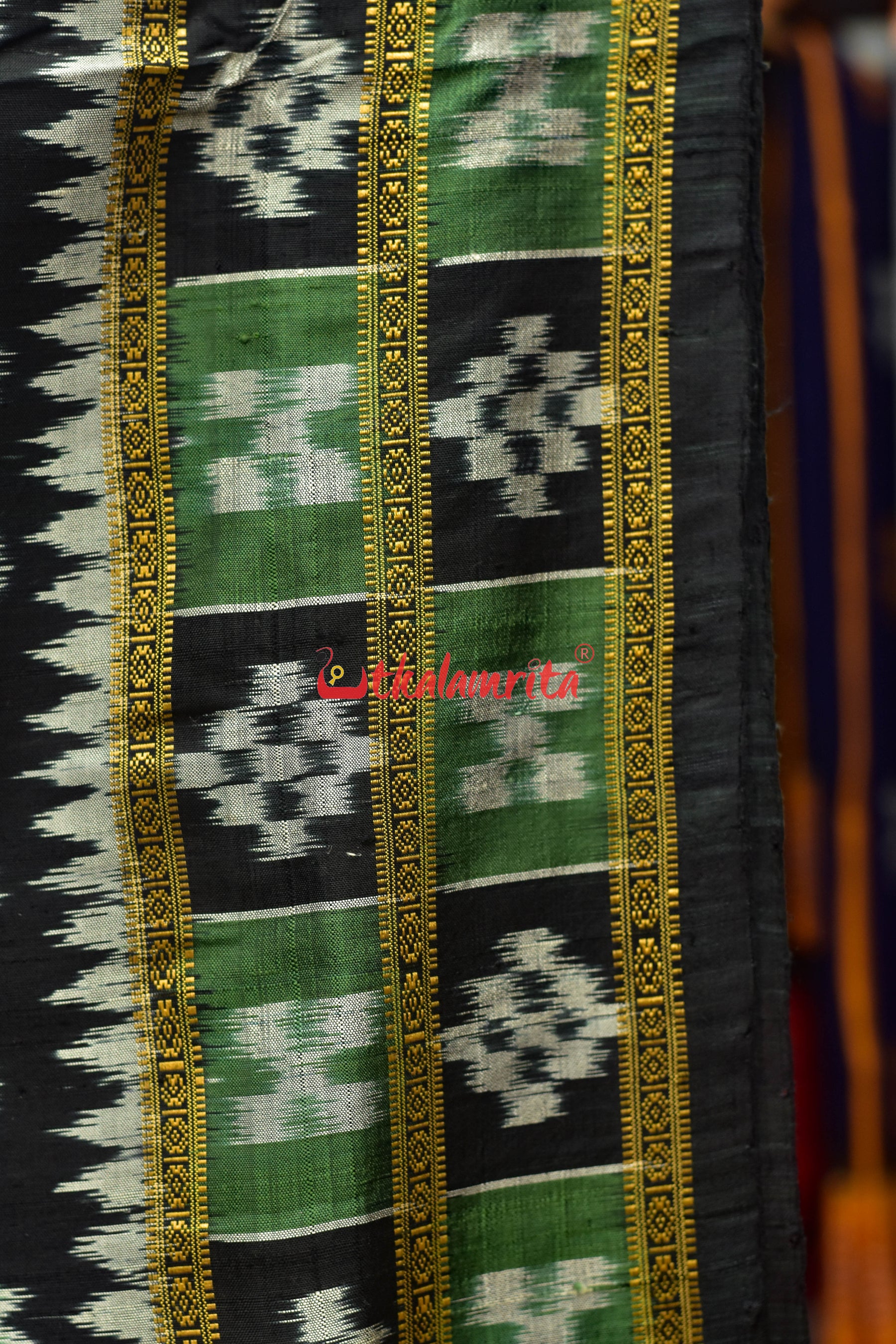 Green Black Flower Bandha Khandua Silk Saree